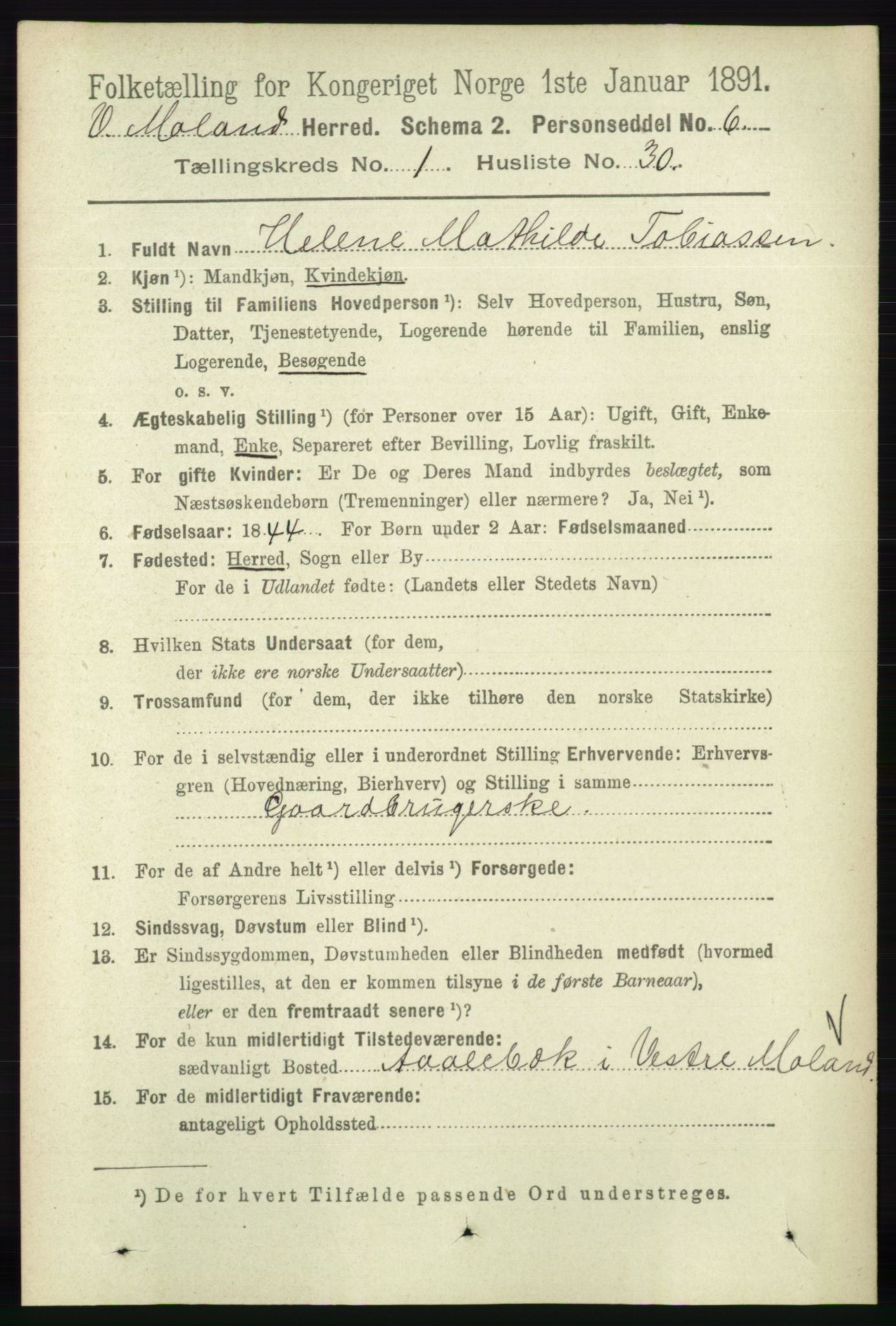RA, 1891 census for 0926 Vestre Moland, 1891, p. 283