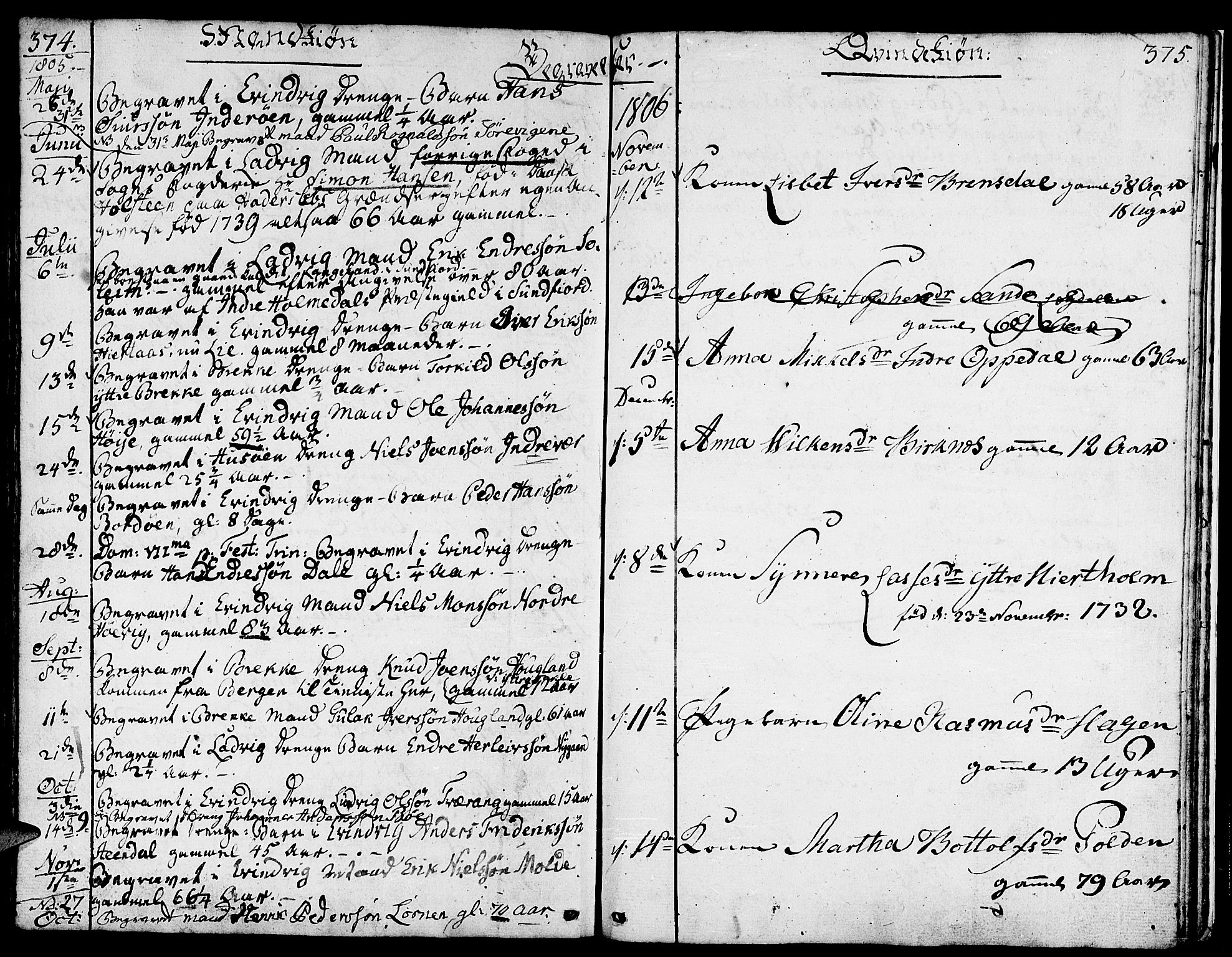 Gulen sokneprestembete, SAB/A-80201/H/Haa/Haaa/L0016: Parish register (official) no. A 16, 1798-1808, p. 374-375