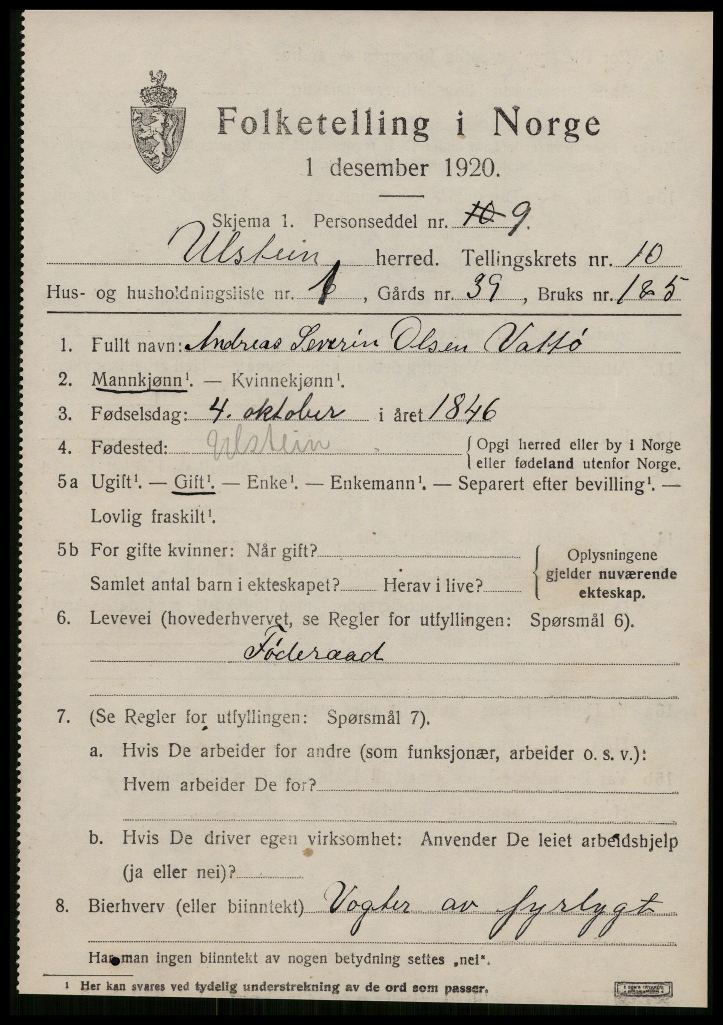 SAT, 1920 census for Ulstein, 1920, p. 5330
