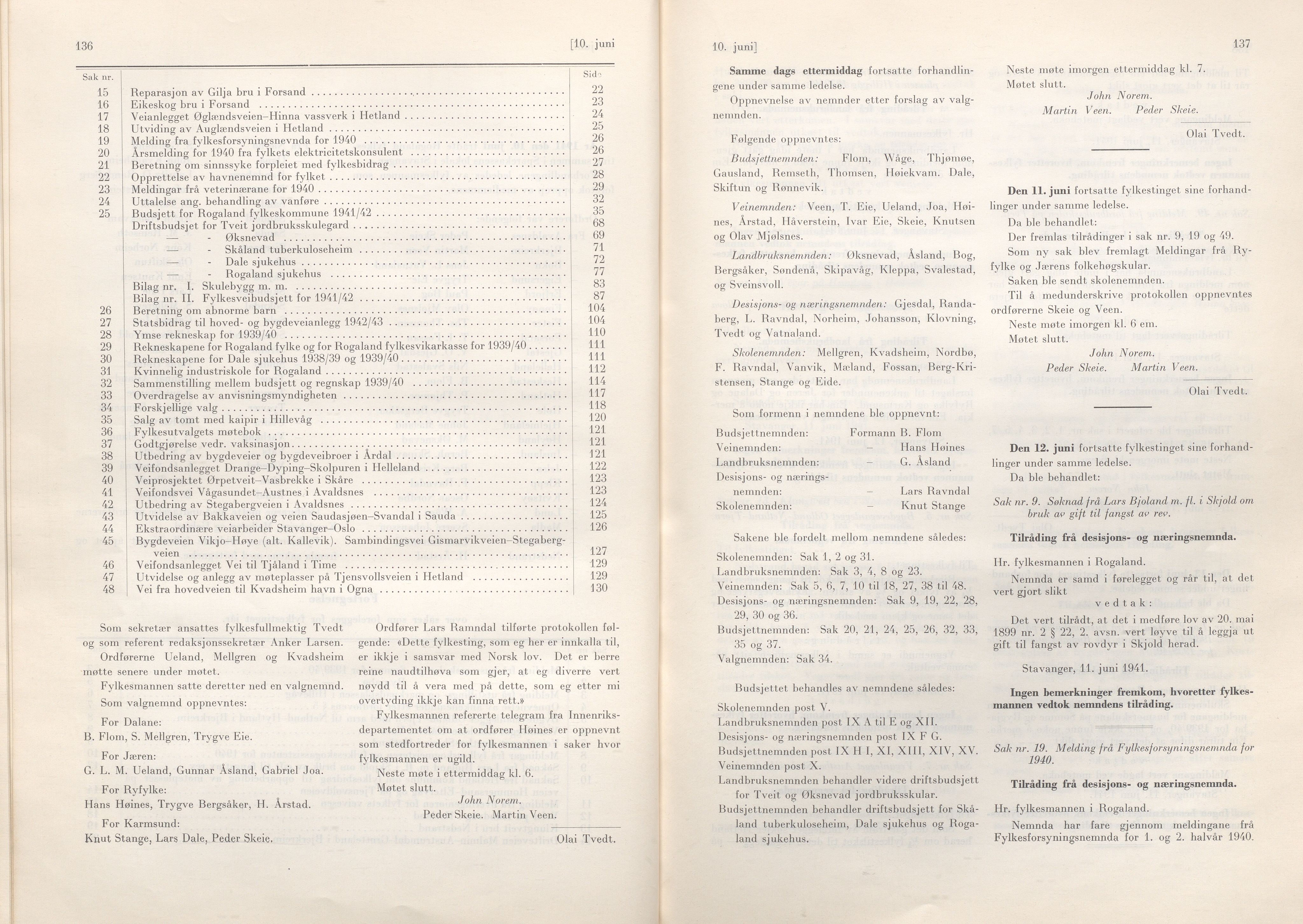 Rogaland fylkeskommune - Fylkesrådmannen , IKAR/A-900/A/Aa/Aaa/L0060: Møtebok , 1941, p. 136-137