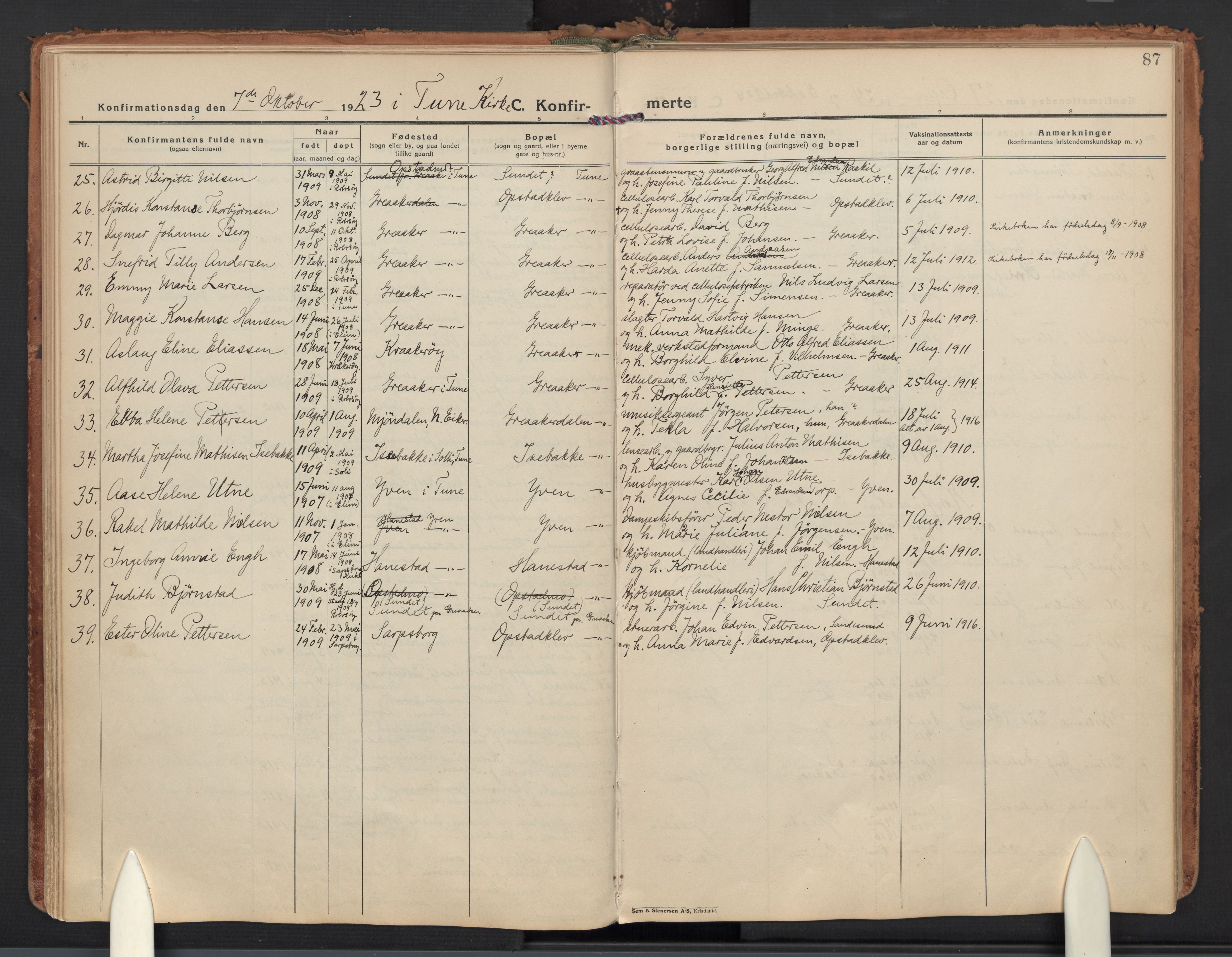 Tune prestekontor Kirkebøker, AV/SAO-A-2007/F/Fb/L0002: Curate's parish register no. 2, 1923-1940, p. 87