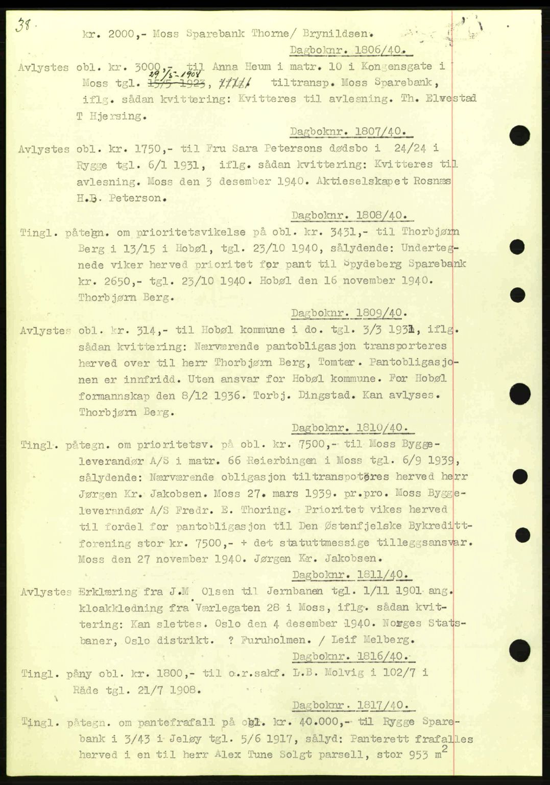 Moss sorenskriveri, SAO/A-10168: Mortgage book no. B10, 1940-1941, Diary no: : 1806/1940