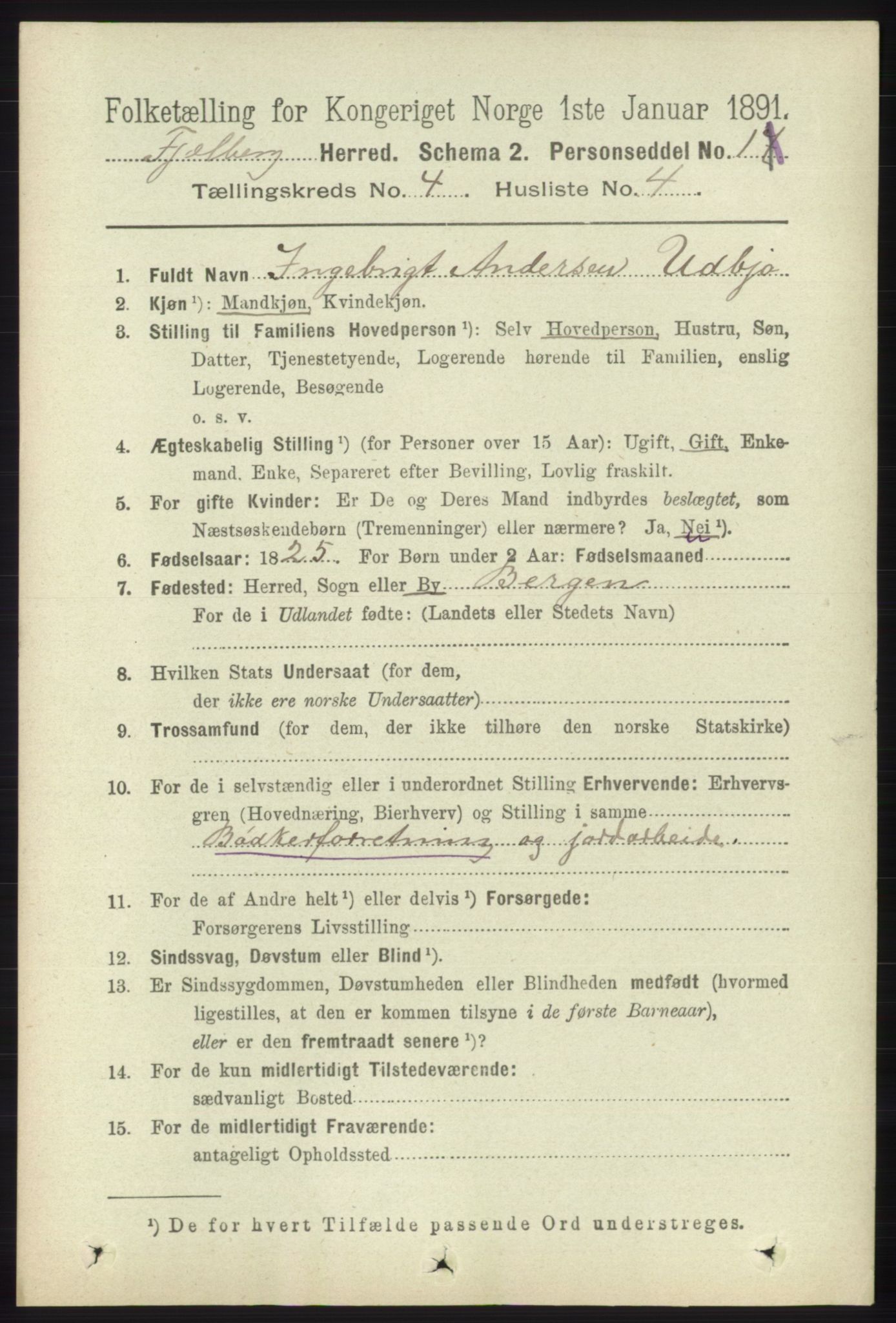 RA, 1891 census for 1213 Fjelberg, 1891, p. 1187