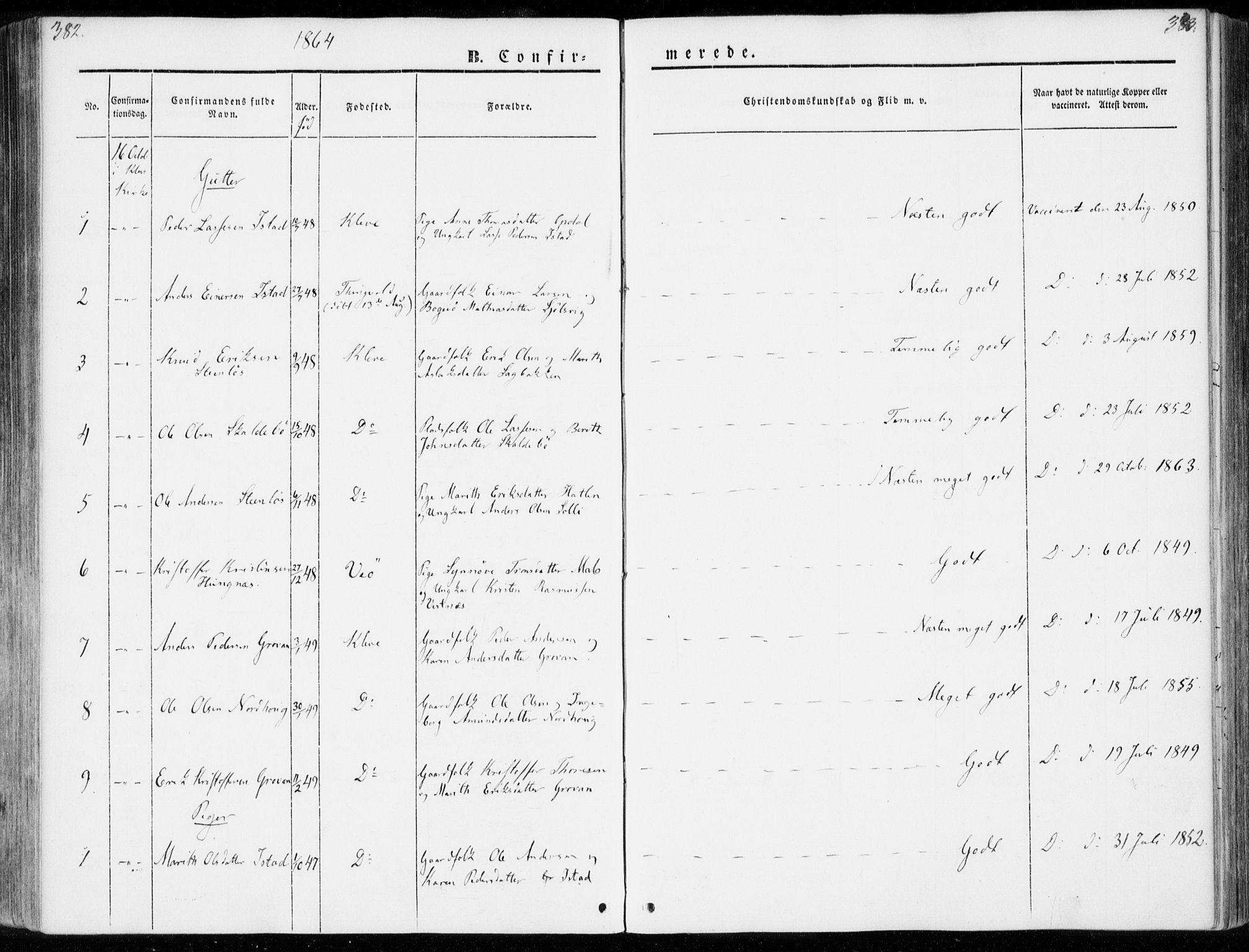 Ministerialprotokoller, klokkerbøker og fødselsregistre - Møre og Romsdal, AV/SAT-A-1454/557/L0680: Parish register (official) no. 557A02, 1843-1869, p. 382-383