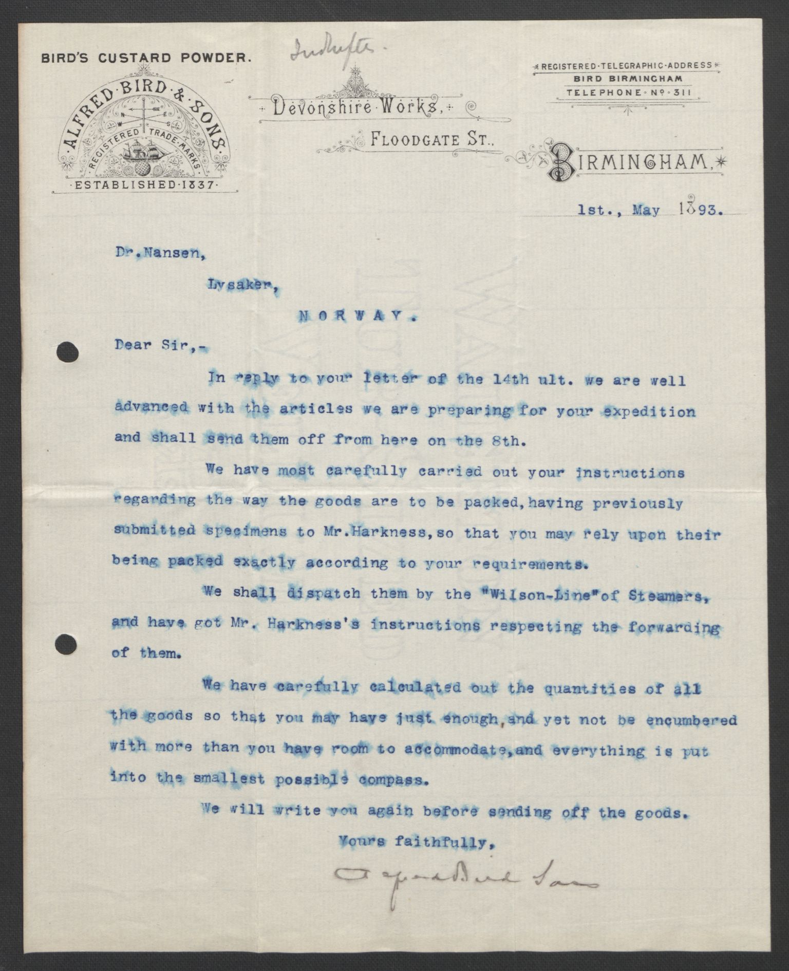 Arbeidskomitéen for Fridtjof Nansens polarekspedisjon, AV/RA-PA-0061/D/L0004: Innk. brev og telegrammer vedr. proviant og utrustning, 1892-1893, p. 628