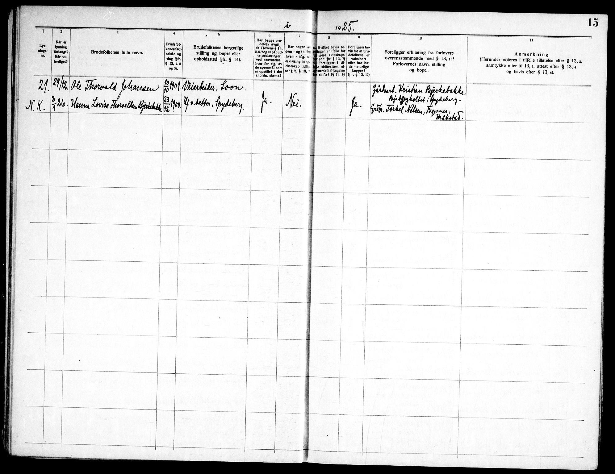 Spydeberg prestekontor Kirkebøker, SAO/A-10924/H/Ha/L0001: Banns register no. 1, 1919-1966, p. 15
