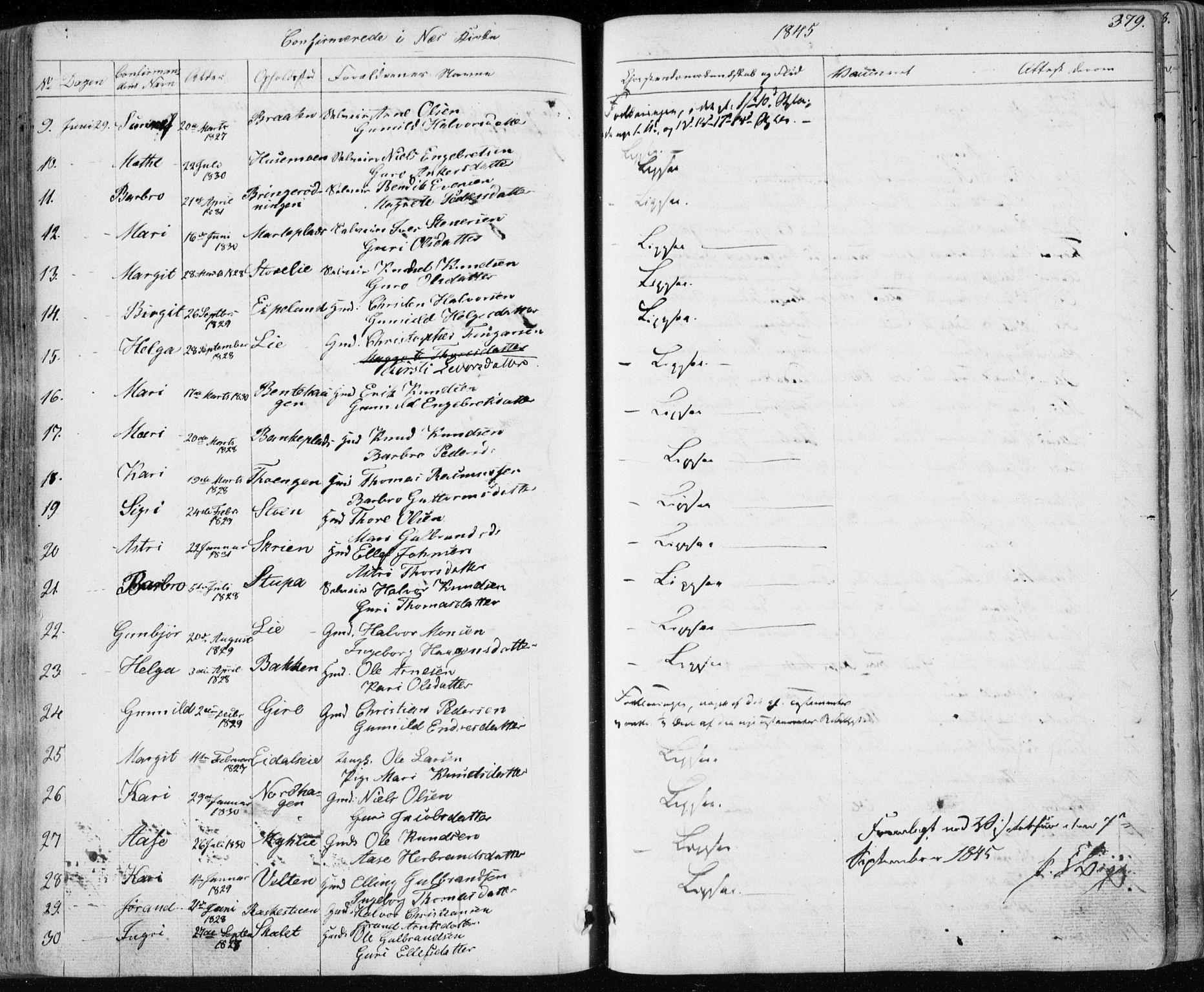 Nes kirkebøker, AV/SAKO-A-236/F/Fa/L0009: Parish register (official) no. 9, 1834-1863, p. 379