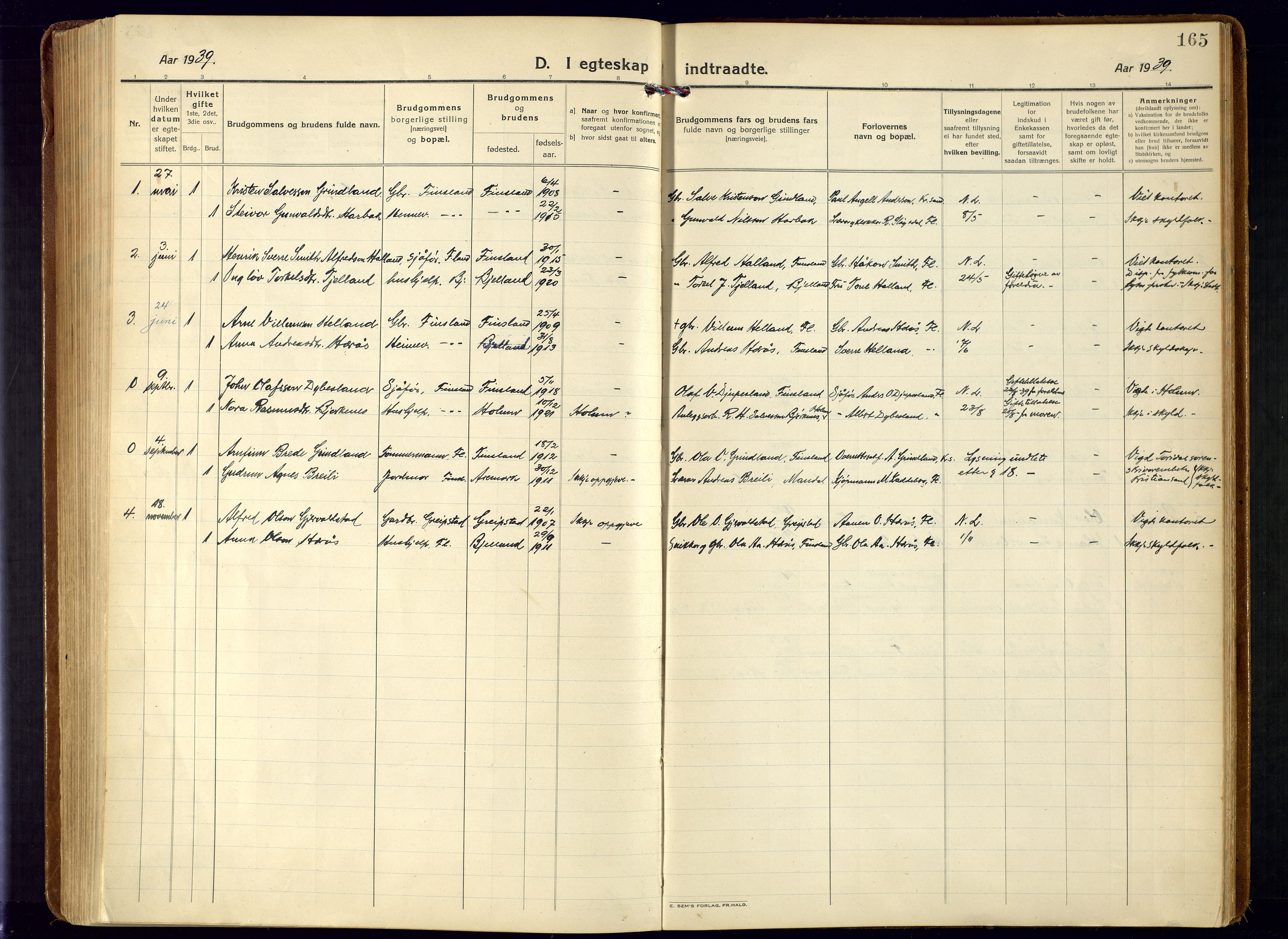 Bjelland sokneprestkontor, SAK/1111-0005/F/Fa/Fab/L0005: Parish register (official) no. A 5, 1921-1951, p. 165