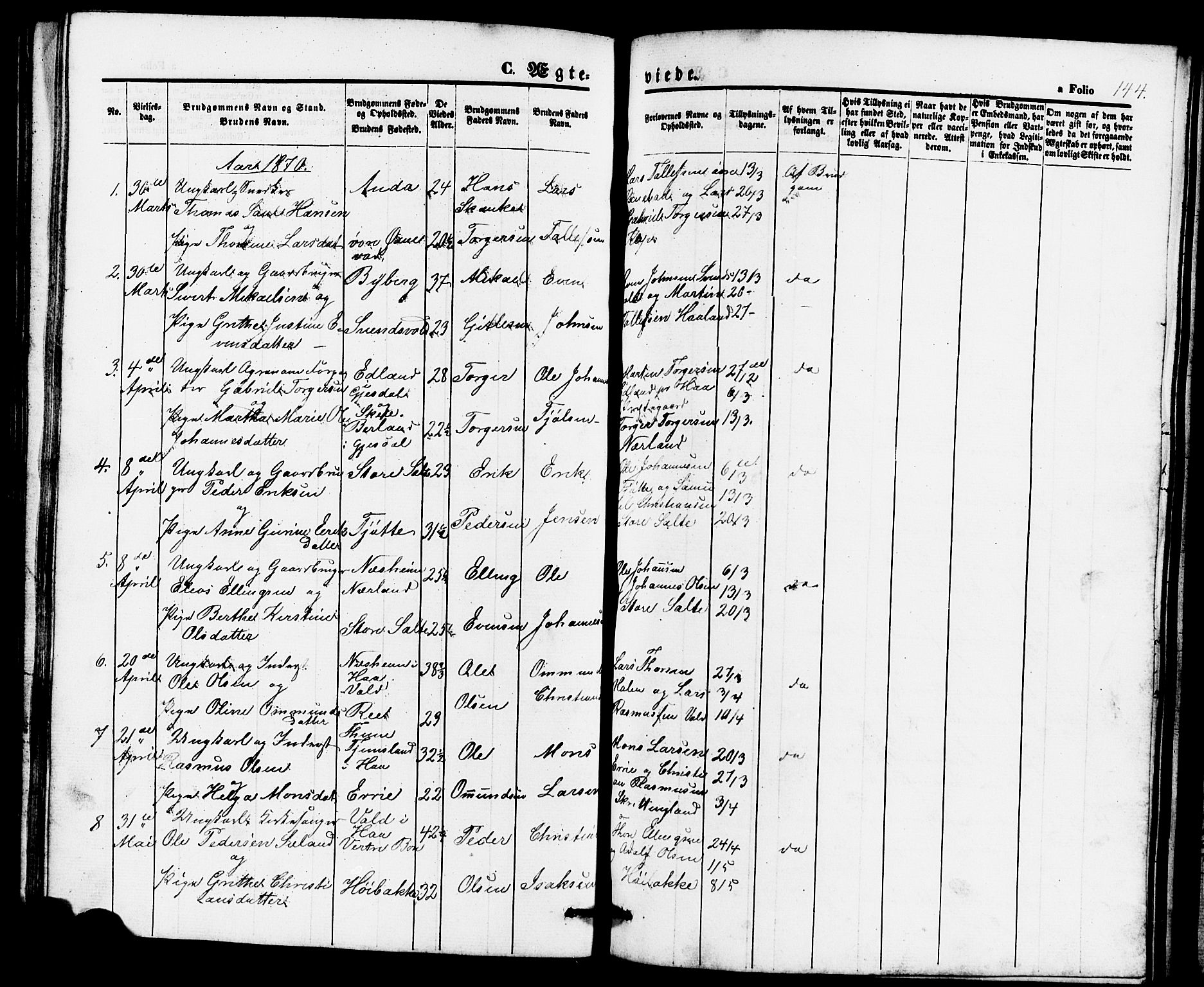 Klepp sokneprestkontor, AV/SAST-A-101803/001/3/30BB/L0002: Parish register (copy) no. B 2, 1860-1875, p. 144