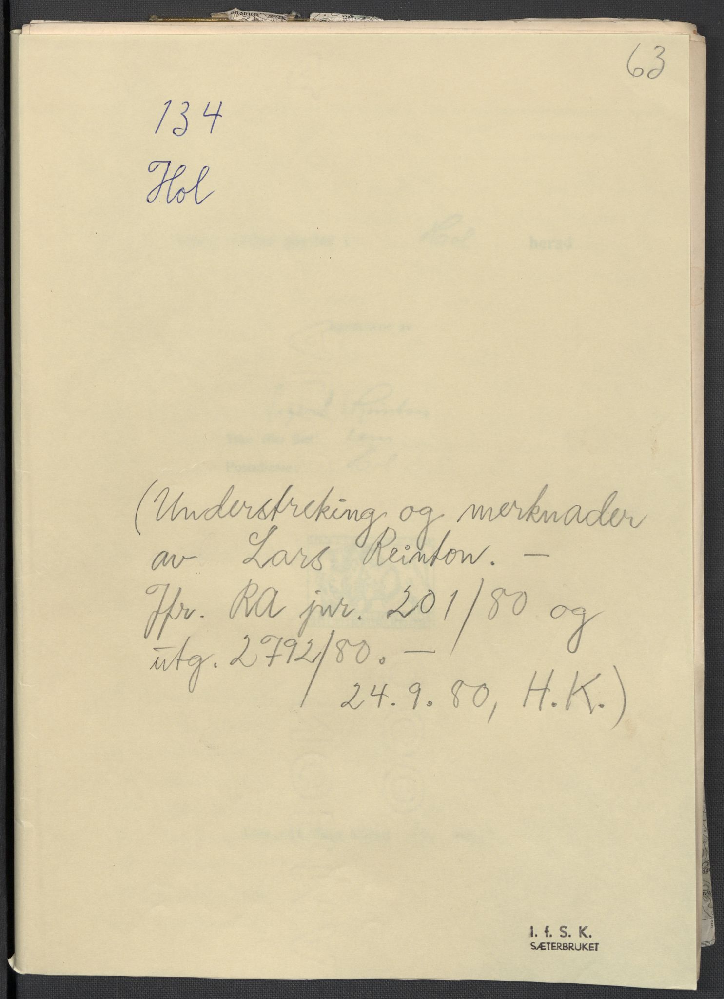 Instituttet for sammenlignende kulturforskning, AV/RA-PA-0424/F/Fc/L0006/0001: Eske B6: / Buskerud (perm XIII), 1934-1936, p. 63