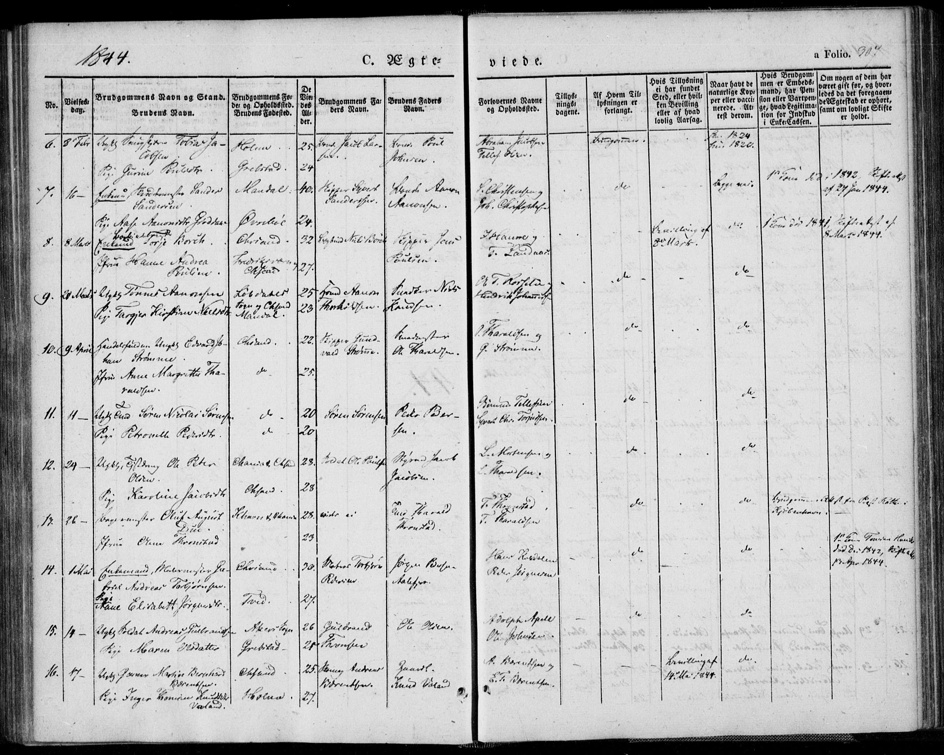Kristiansand domprosti, SAK/1112-0006/F/Fa/L0013: Parish register (official) no. A 13, 1842-1851, p. 307