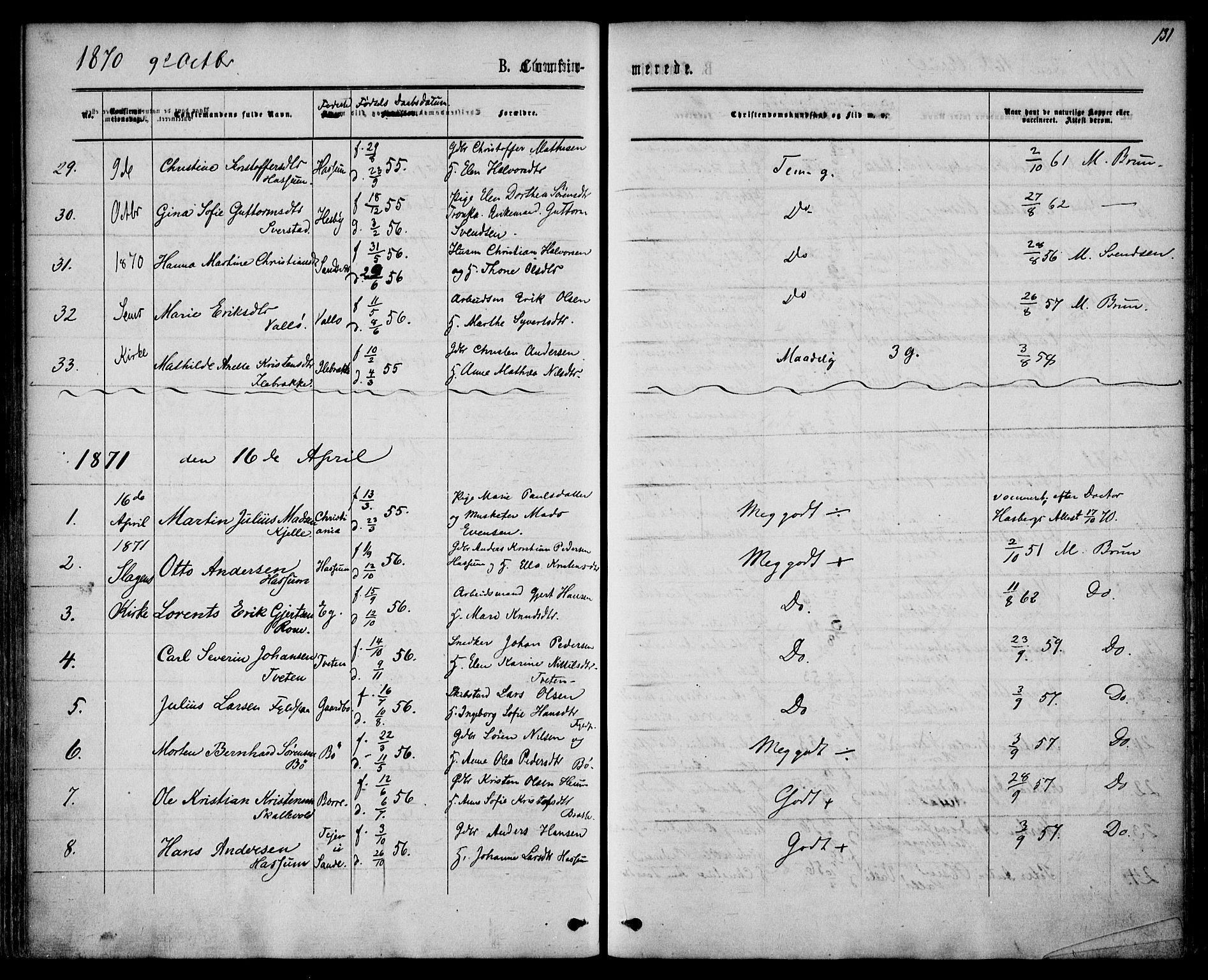 Sem kirkebøker, AV/SAKO-A-5/F/Fa/L0008: Parish register (official) no. I 8, 1866-1873, p. 131