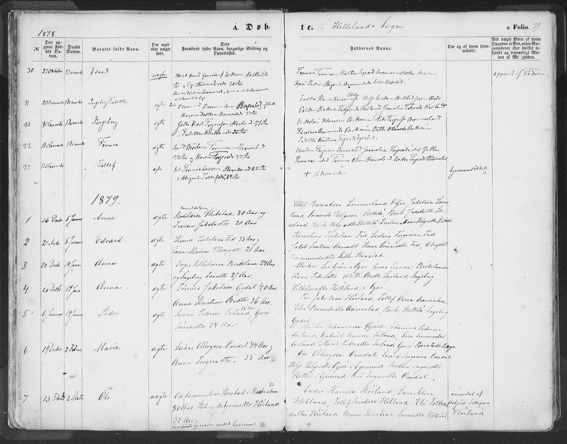 Helleland sokneprestkontor, SAST/A-101810: Parish register (official) no. A 7.1, 1863-1886, p. 39