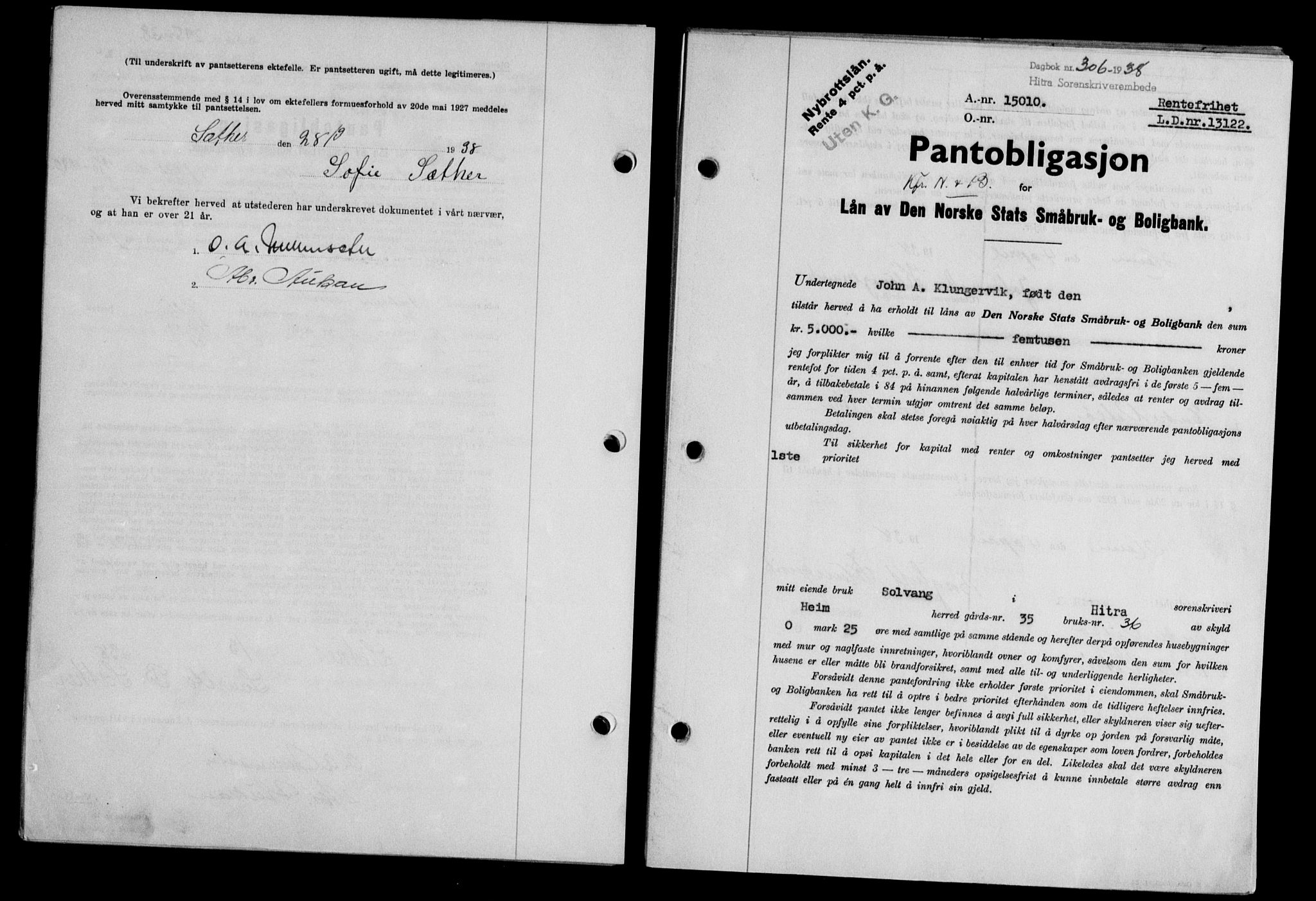 Hitra sorenskriveri, AV/SAT-A-0018/2/2C/2Ca/L0028: Mortgage book no. B-1, 1936-1939, Diary no: : 306/1938