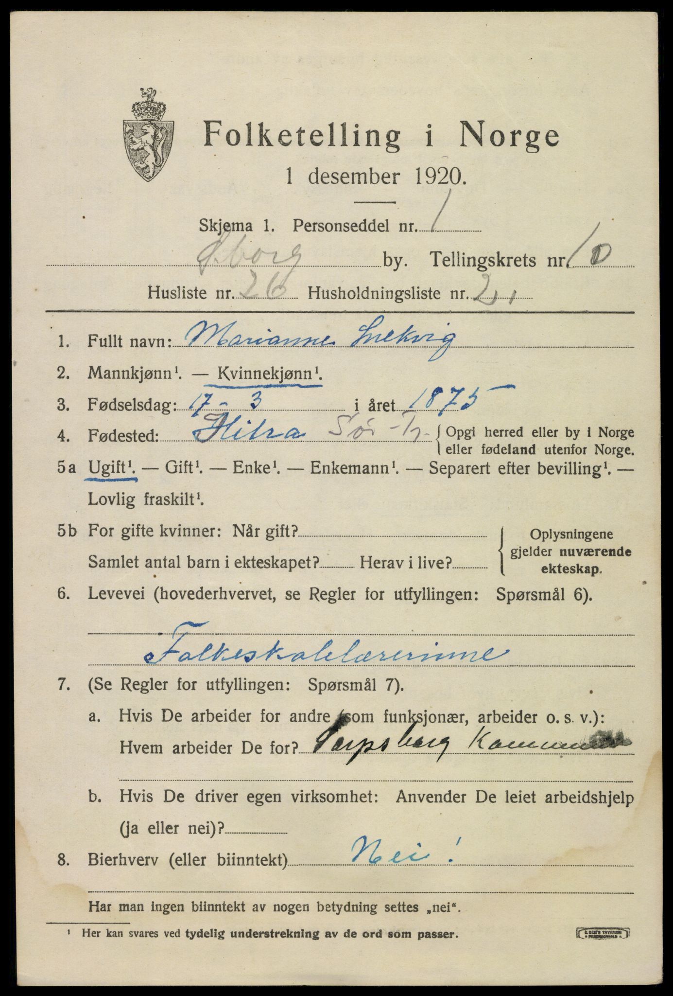 SAO, 1920 census for Sarpsborg, 1920, p. 21378