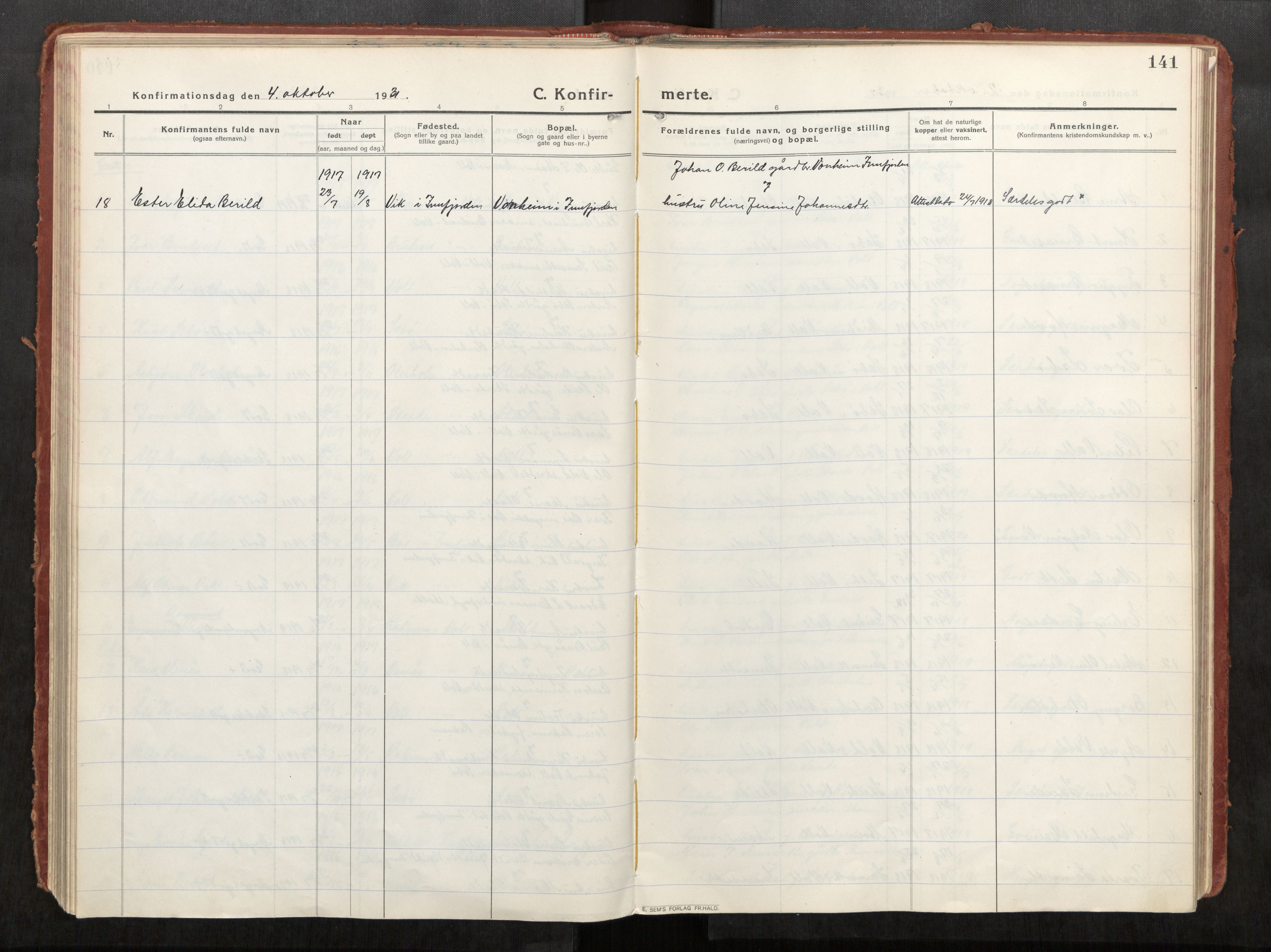 Eid sokneprestkontor, AV/SAT-A-1254: Parish register (official) no. 543A04, 1916-1956, p. 141