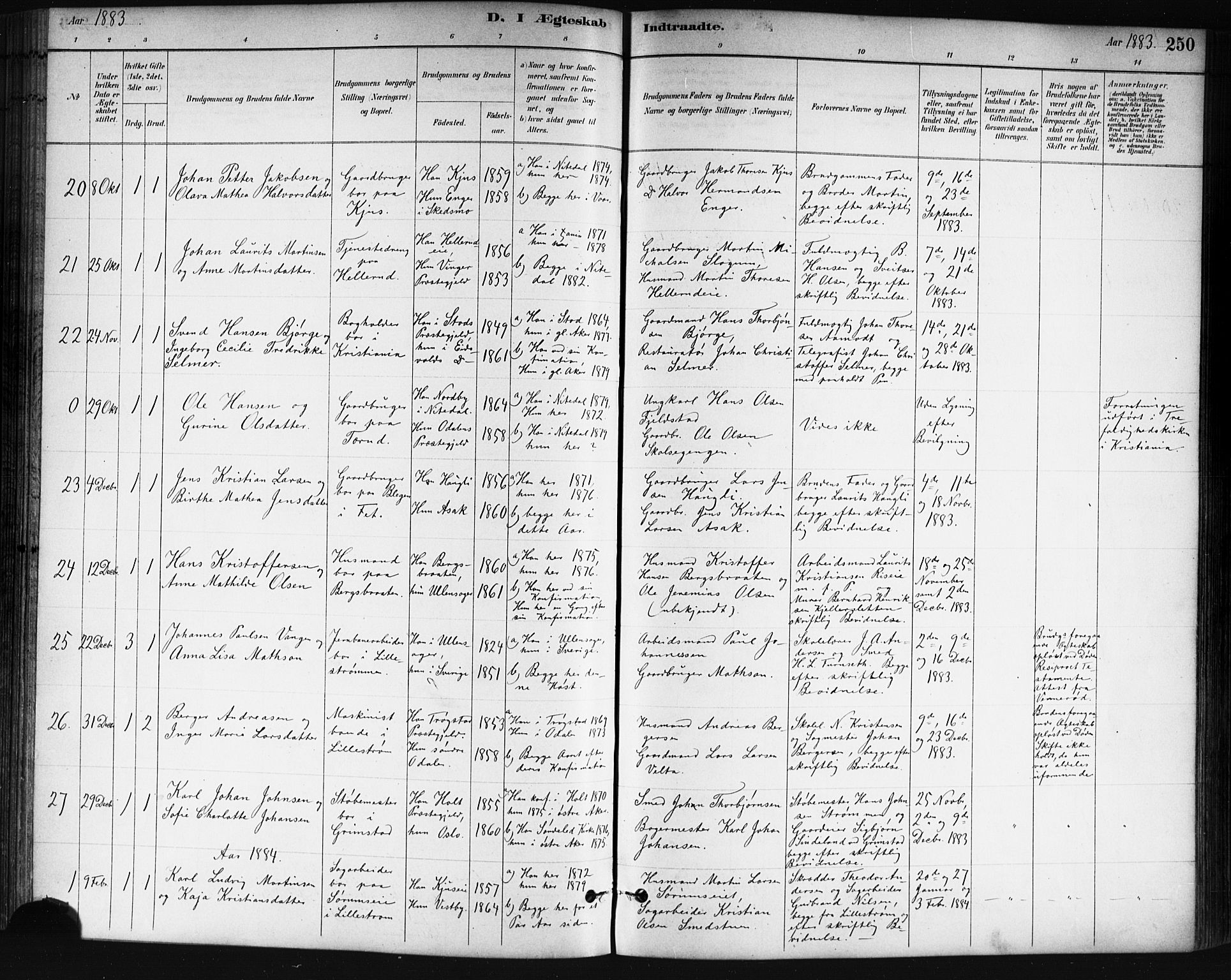 Skedsmo prestekontor Kirkebøker, SAO/A-10033a/G/Ga/L0004: Parish register (copy) no. I 4, 1883-1895, p. 250