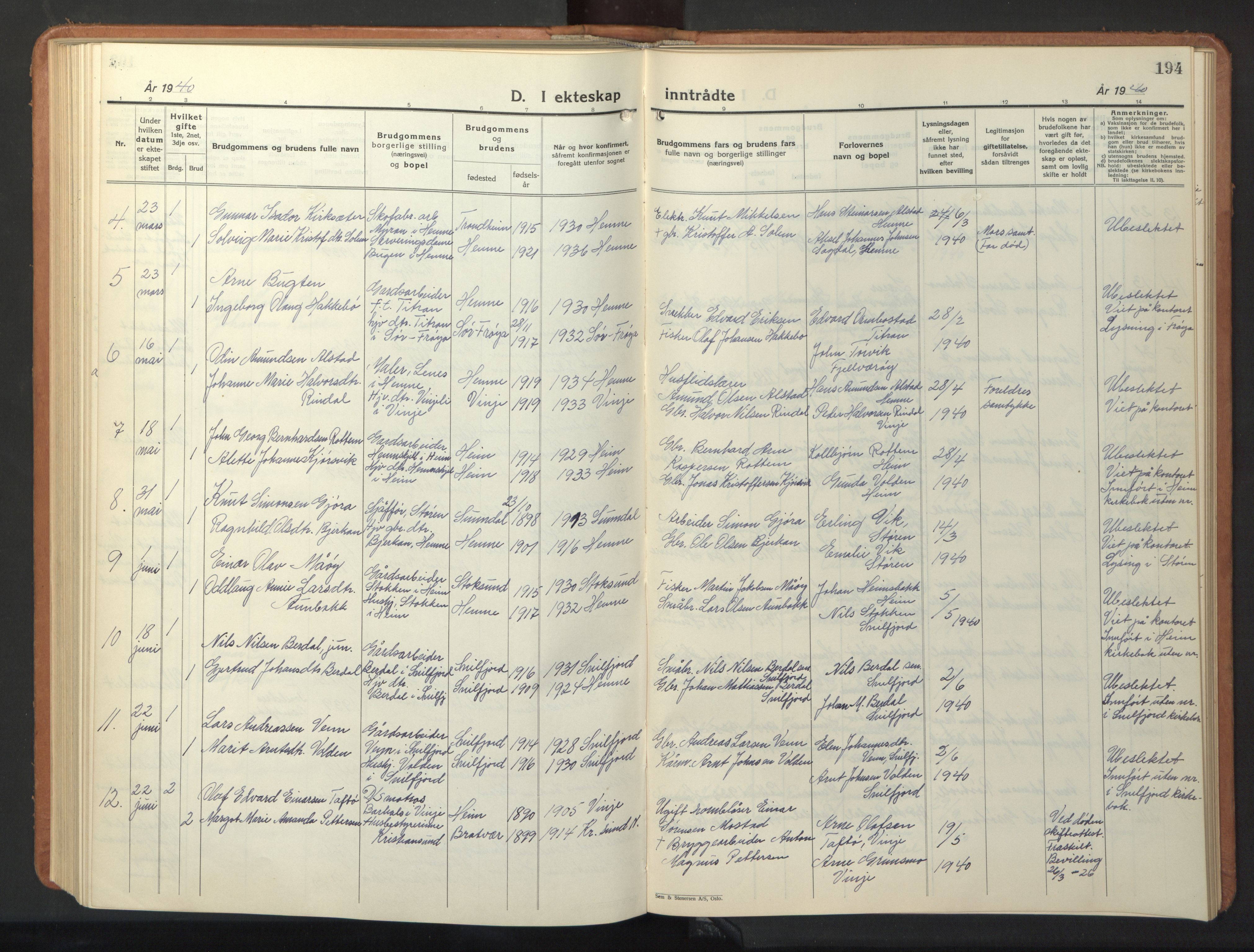 Ministerialprotokoller, klokkerbøker og fødselsregistre - Sør-Trøndelag, SAT/A-1456/630/L0508: Parish register (copy) no. 630C06, 1933-1950, p. 194