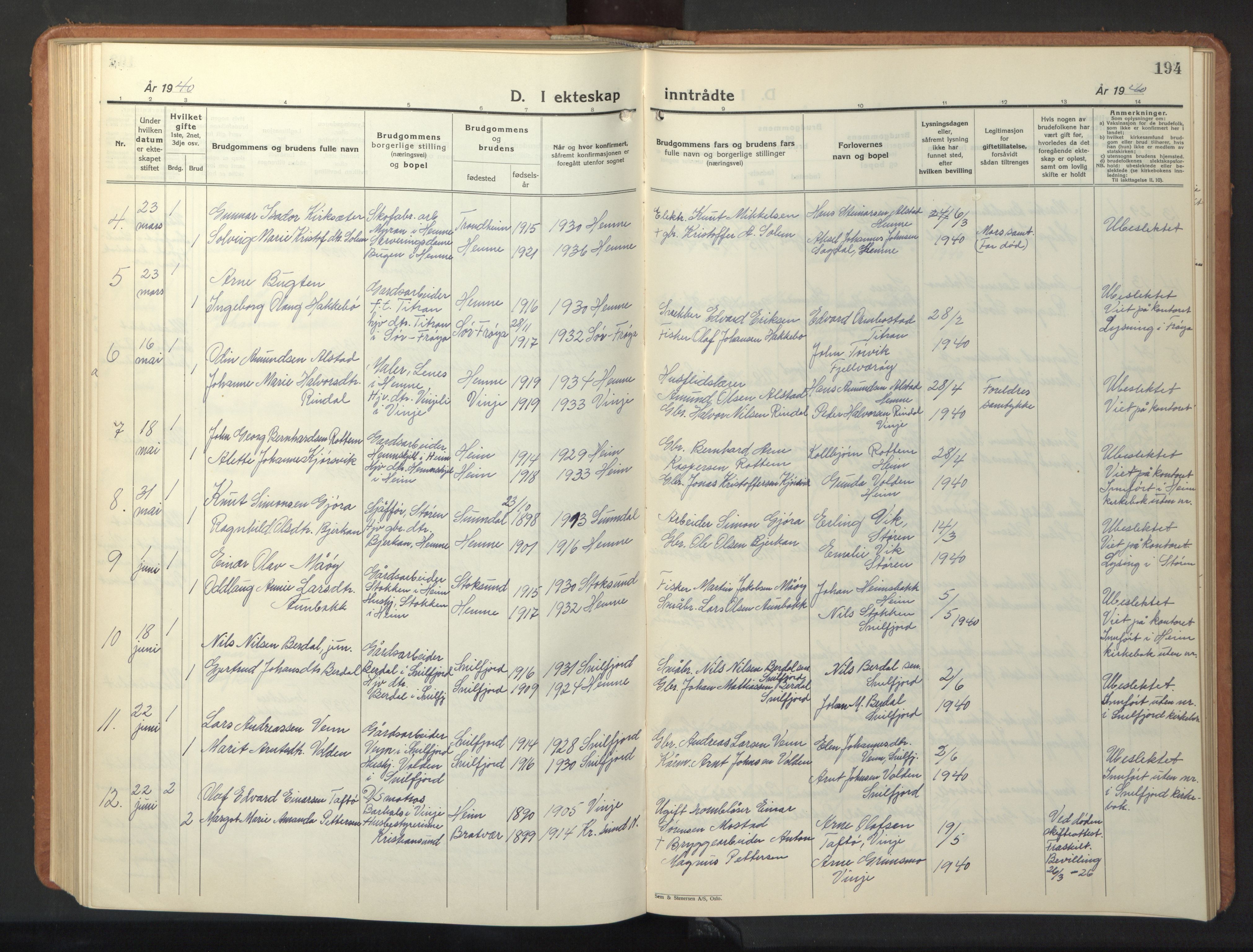 Ministerialprotokoller, klokkerbøker og fødselsregistre - Sør-Trøndelag, AV/SAT-A-1456/630/L0508: Parish register (copy) no. 630C06, 1933-1950, p. 194