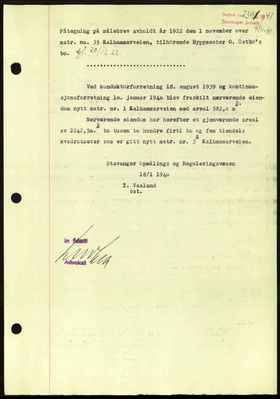 Stavanger byrett, SAST/A-100455/002/G/Gb/L0017: Mortgage book no. A7, 1941-1943, Diary no: : 2391/1941