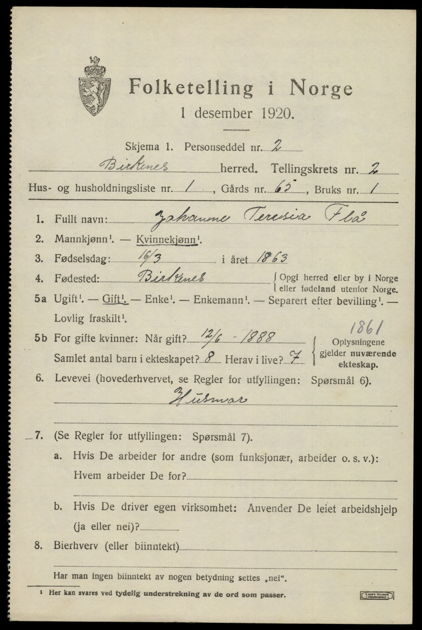 SAK, 1920 census for Birkenes, 1920, p. 1065