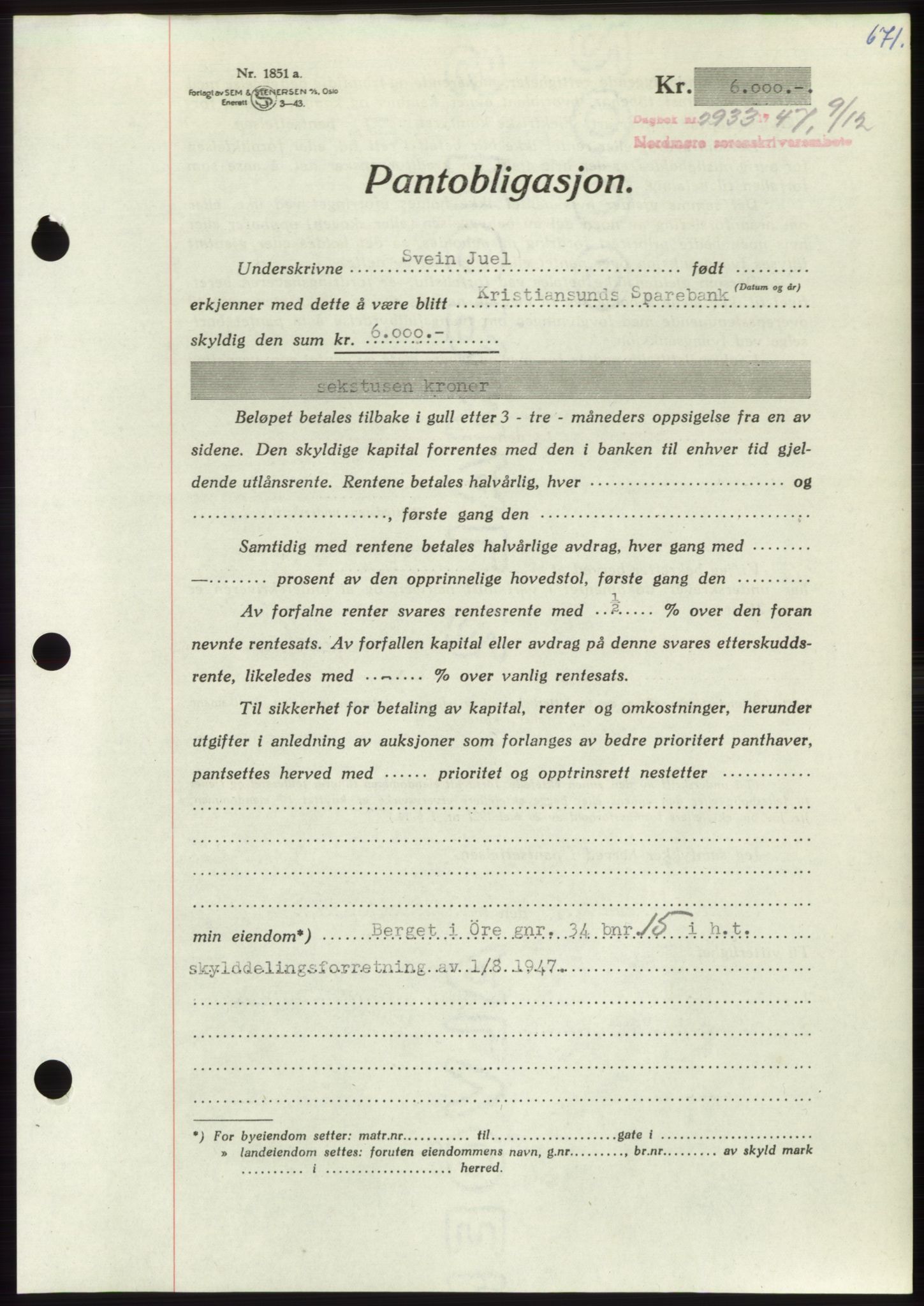 Nordmøre sorenskriveri, AV/SAT-A-4132/1/2/2Ca: Mortgage book no. B97, 1947-1948, Diary no: : 2933/1947