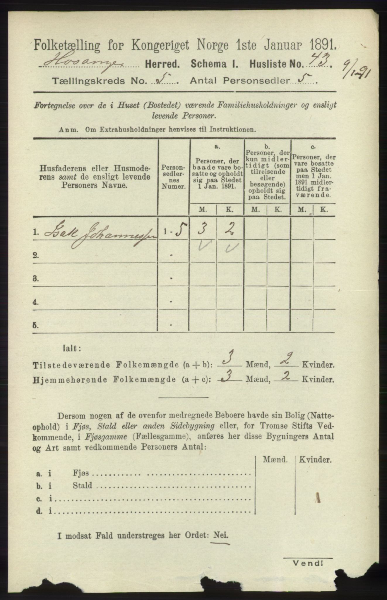 RA, 1891 census for 1253 Hosanger, 1891, p. 1782