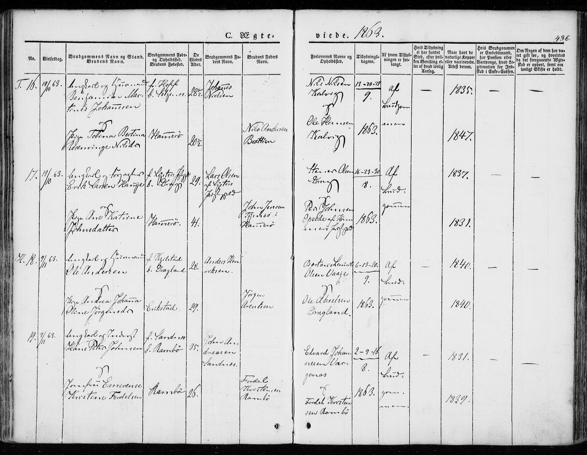 Ministerialprotokoller, klokkerbøker og fødselsregistre - Nordland, AV/SAT-A-1459/872/L1033: Parish register (official) no. 872A08, 1840-1863, p. 436