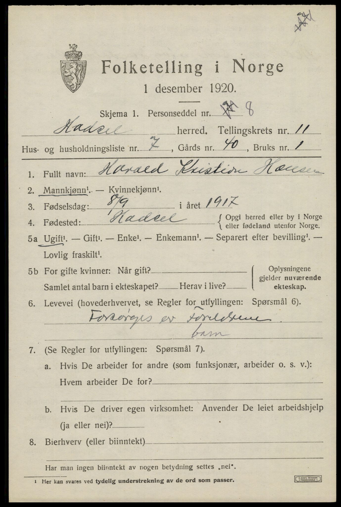 SAT, 1920 census for Hadsel, 1920, p. 8780