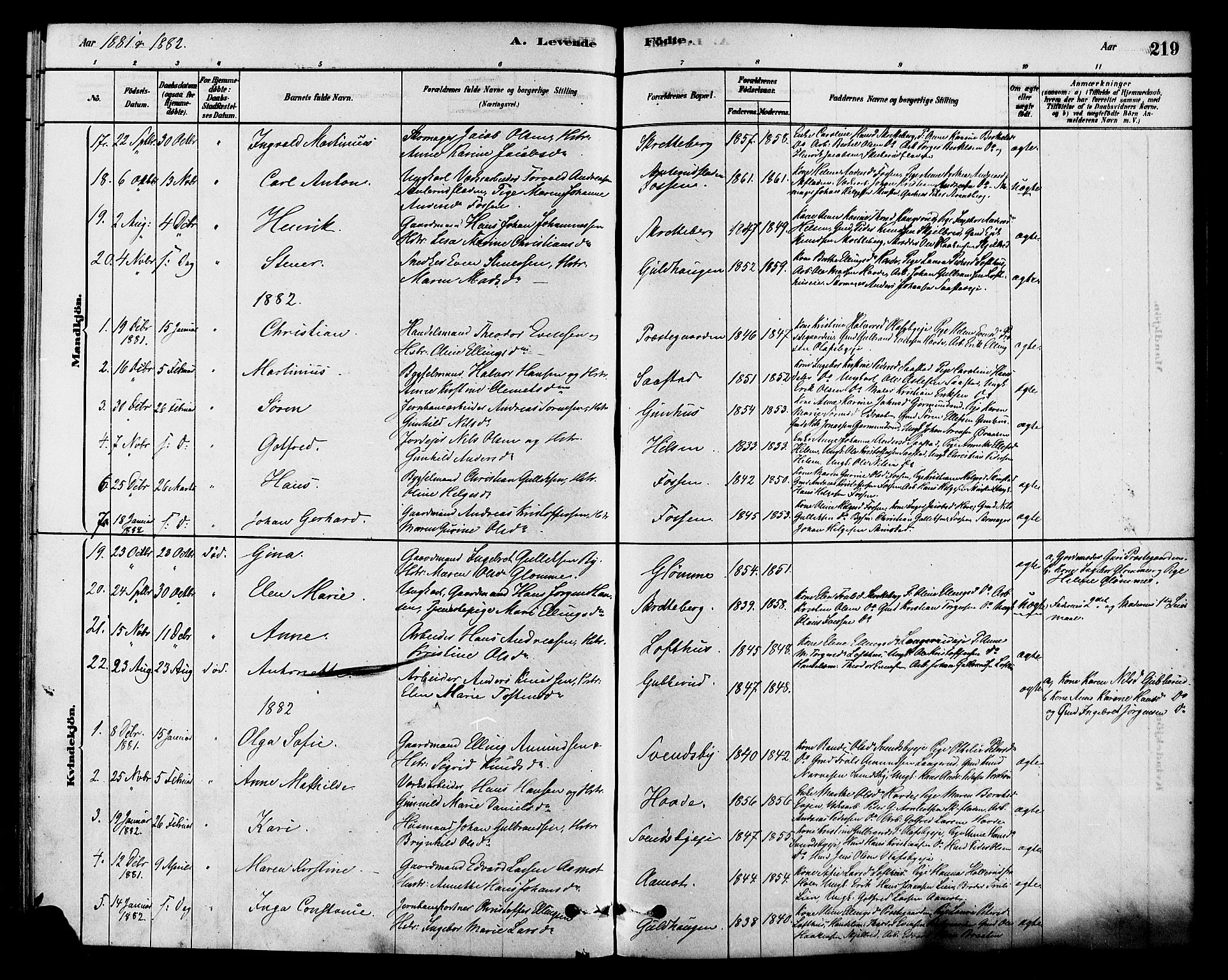 Modum kirkebøker, AV/SAKO-A-234/F/Fa/L0015: Parish register (official) no. 15 /2, 1877-1889, p. 219