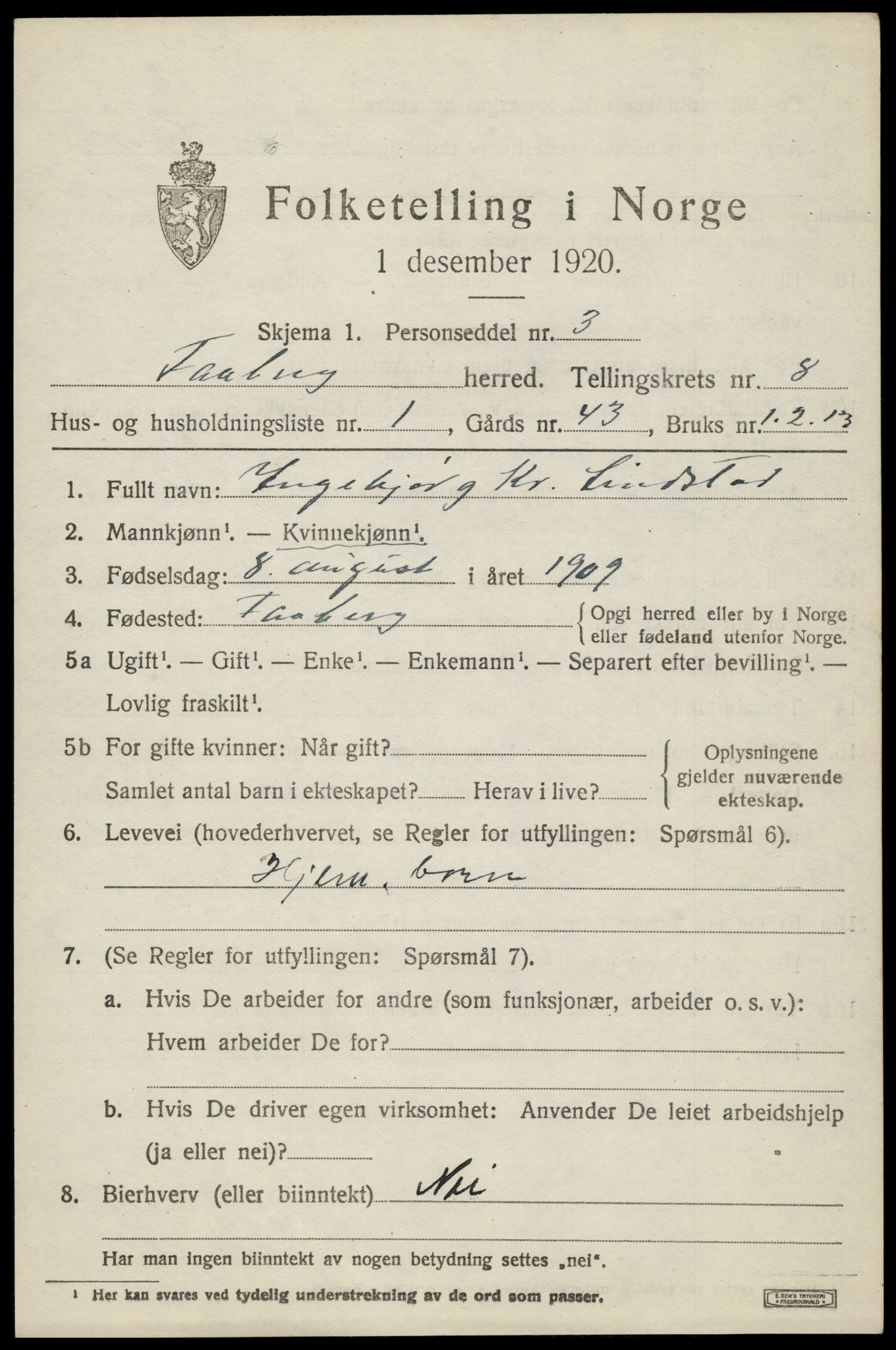 SAH, 1920 census for Fåberg, 1920, p. 9214