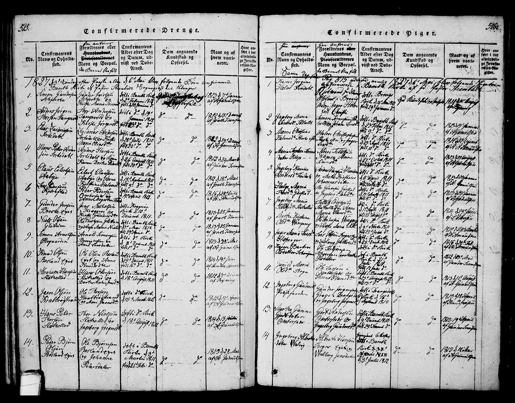 Bamble kirkebøker, SAKO/A-253/G/Ga/L0005: Parish register (copy) no. I 5, 1814-1855, p. 515-516