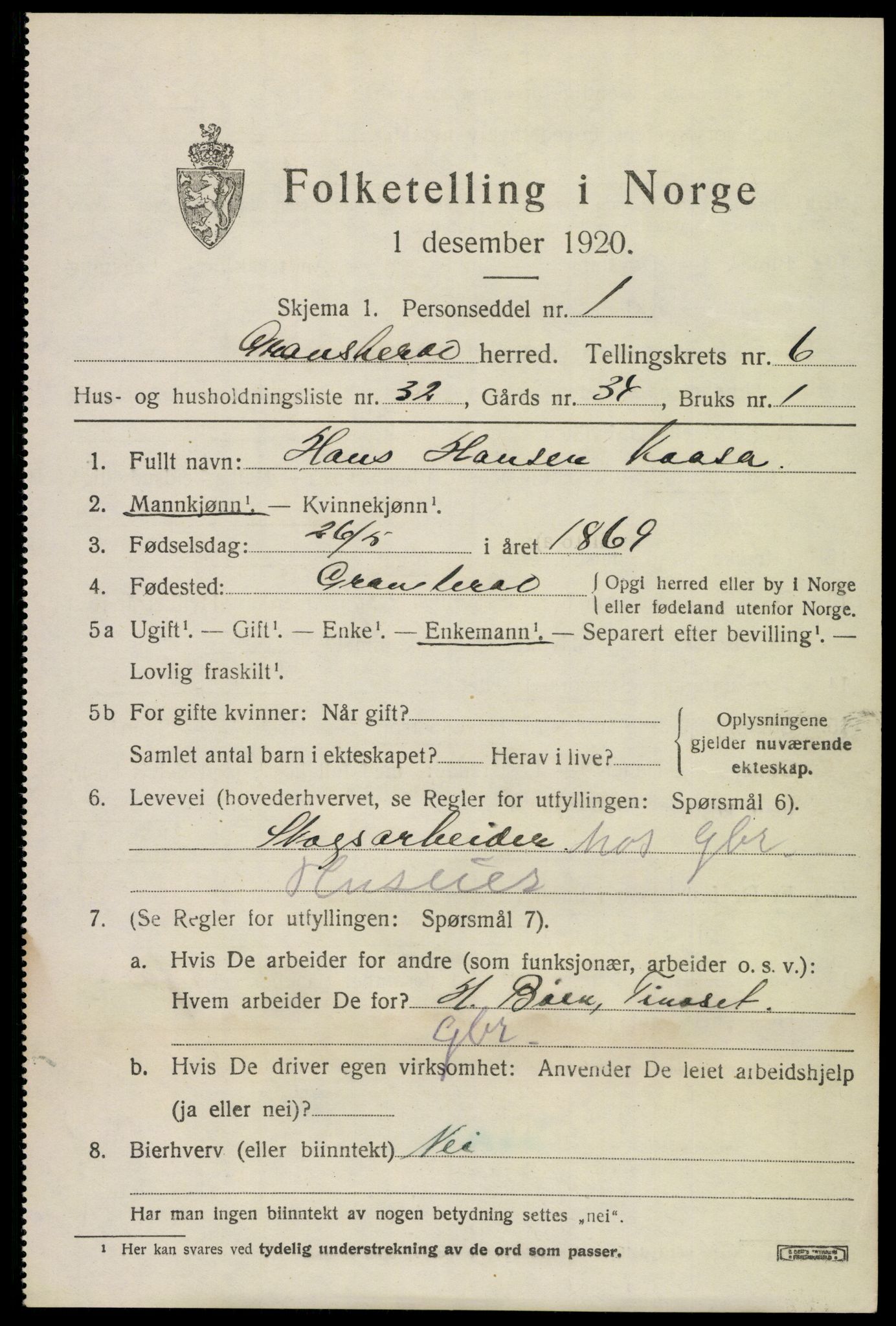 SAKO, 1920 census for Gransherad, 1920, p. 2702