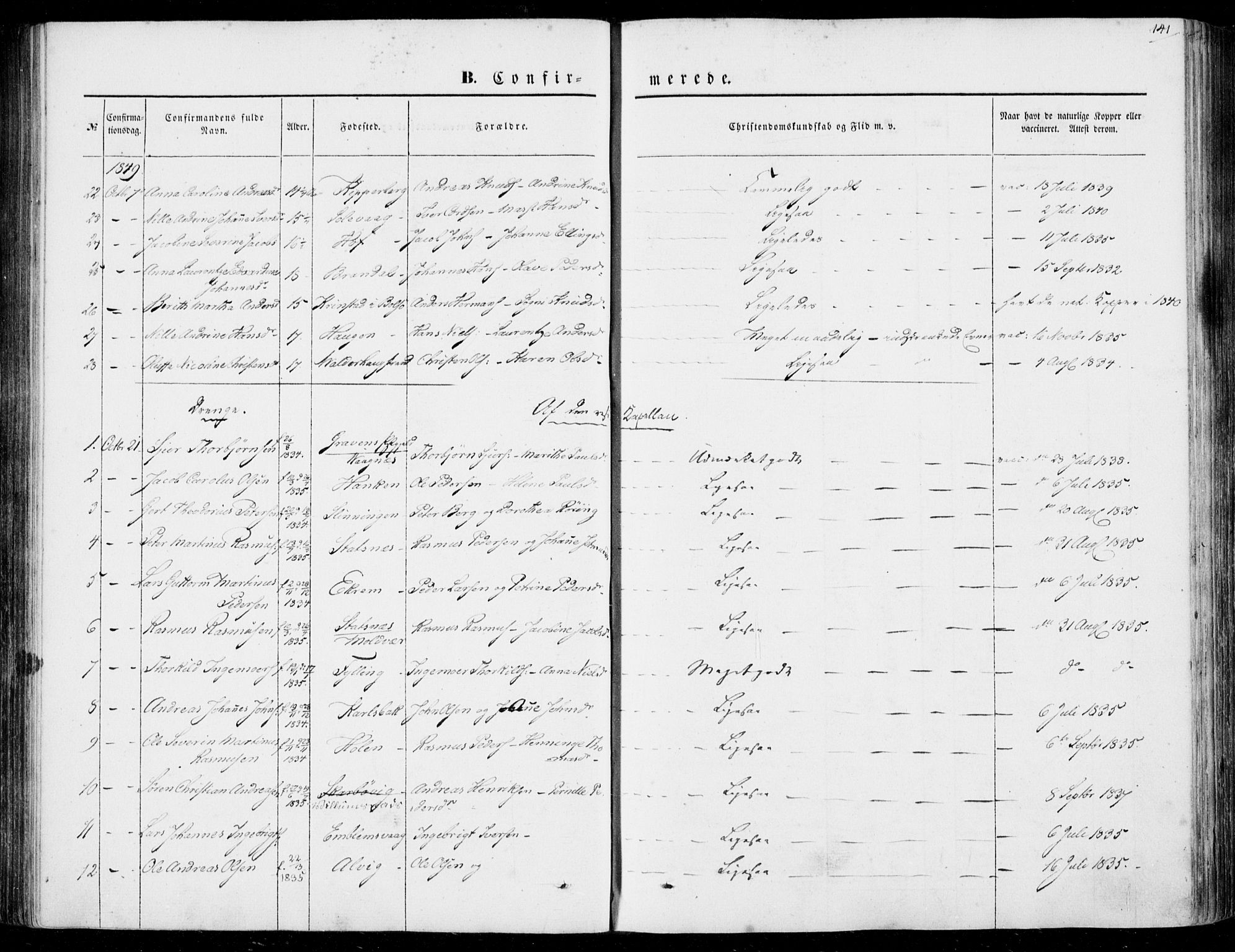 Ministerialprotokoller, klokkerbøker og fødselsregistre - Møre og Romsdal, AV/SAT-A-1454/528/L0397: Parish register (official) no. 528A08, 1848-1858, p. 141