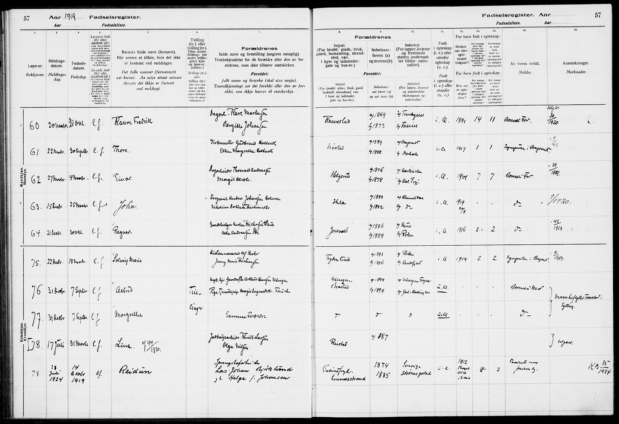 Lier kirkebøker, AV/SAKO-A-230/J/Ja/L0001: Birth register no. 1, 1916-1928, p. 57