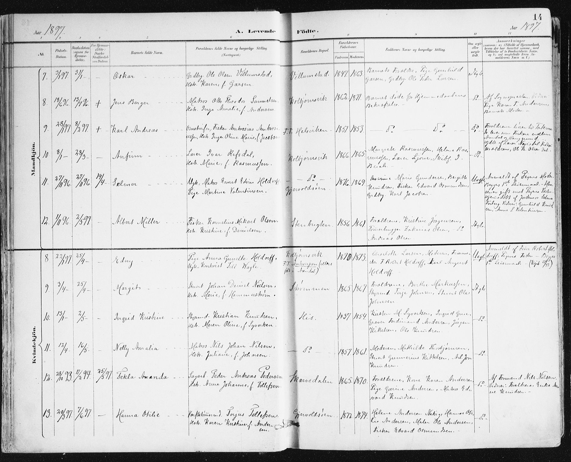 Hisøy sokneprestkontor, AV/SAK-1111-0020/F/Fa/L0004: Parish register (official) no. A 4, 1895-1917, p. 14