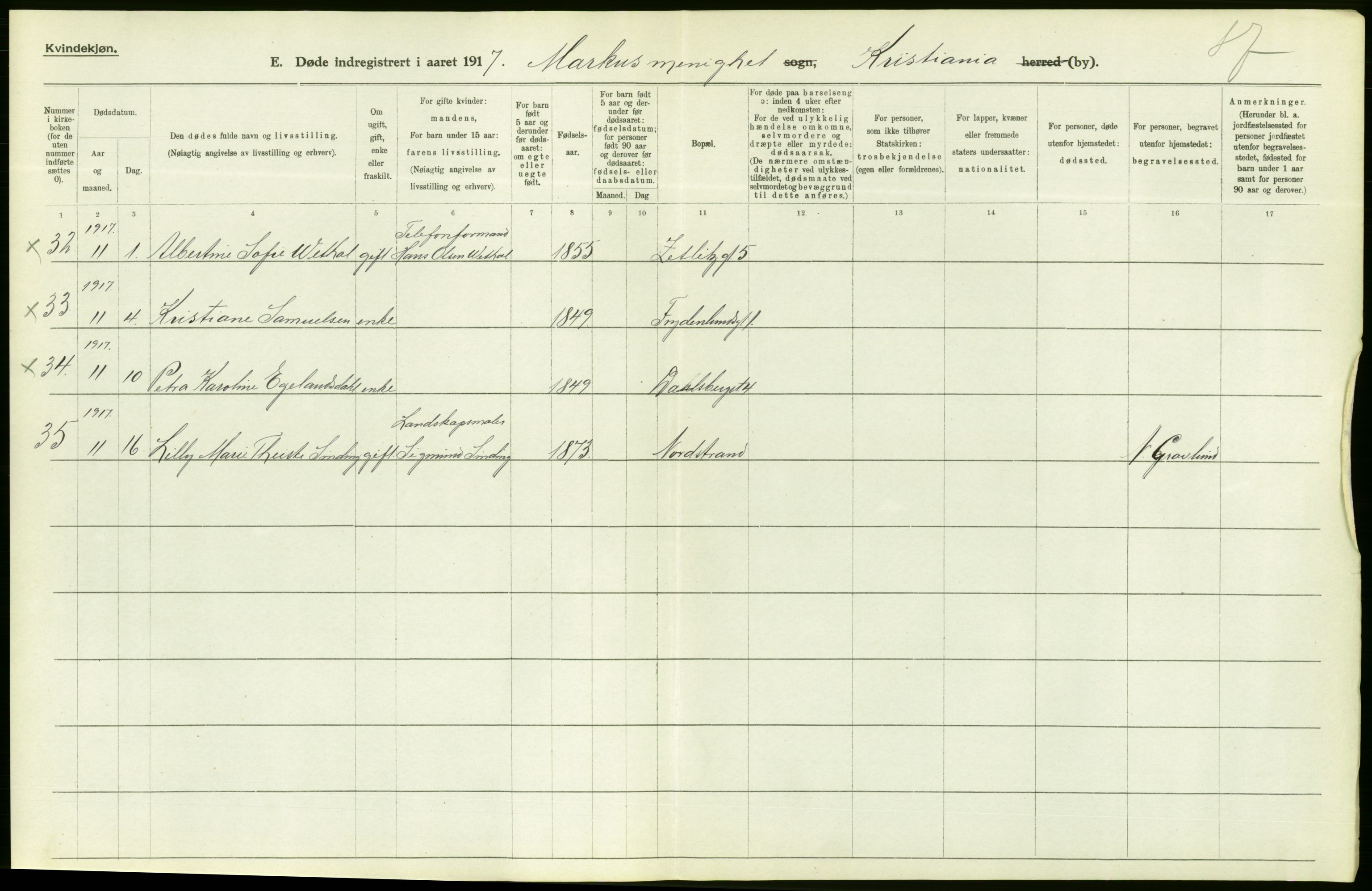 Statistisk sentralbyrå, Sosiodemografiske emner, Befolkning, AV/RA-S-2228/D/Df/Dfb/Dfbg/L0010: Kristiania: Døde, 1917, p. 20