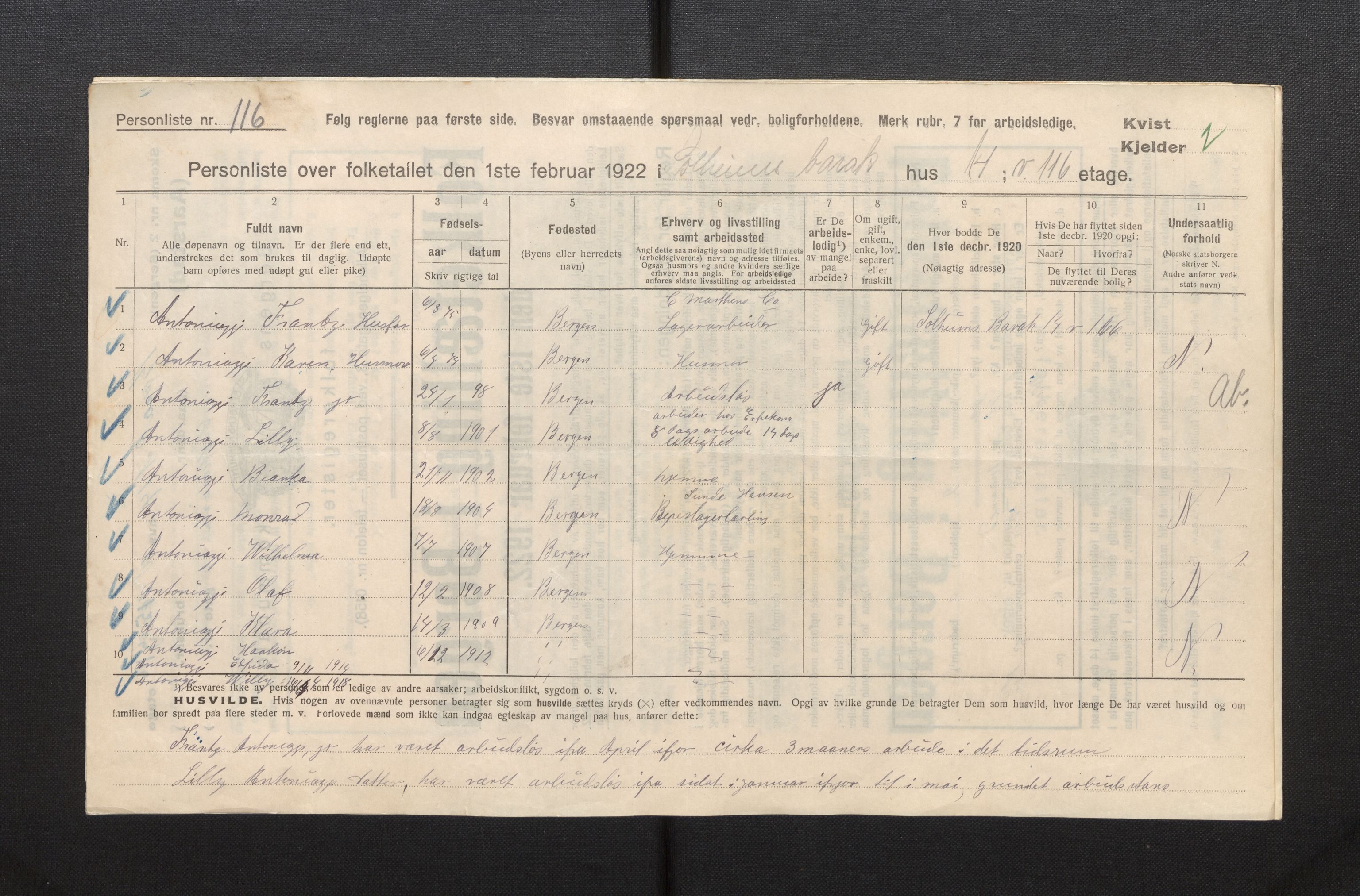 SAB, Municipal Census 1922 for Bergen, 1922, p. 57514