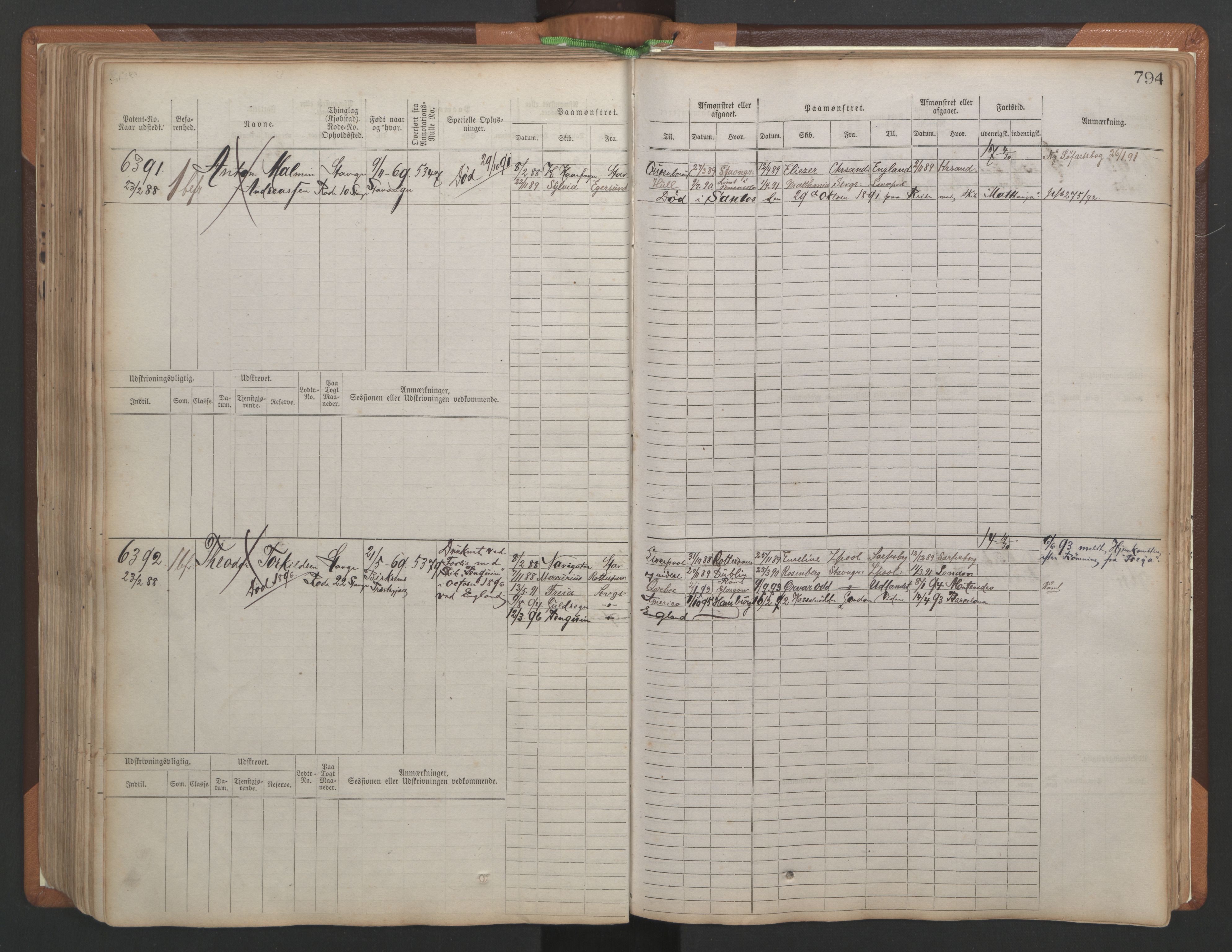 Stavanger sjømannskontor, SAST/A-102006/F/Fb/Fbb/L0010: Sjøfartshovedrulle, patentnr. 6007-6606 (del 1), 1887-1896, p. 198