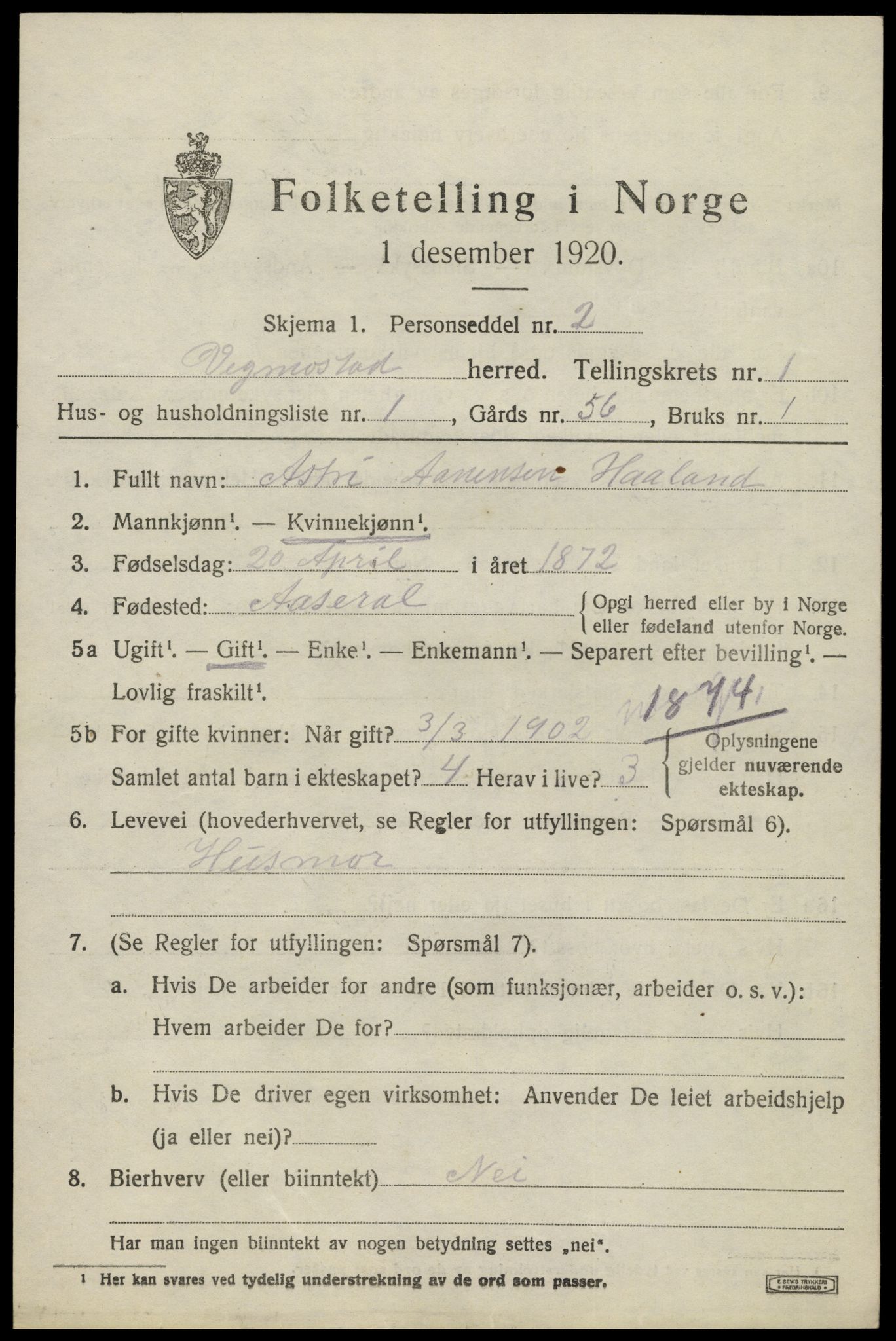 SAK, 1920 census for Vigmostad, 1920, p. 423