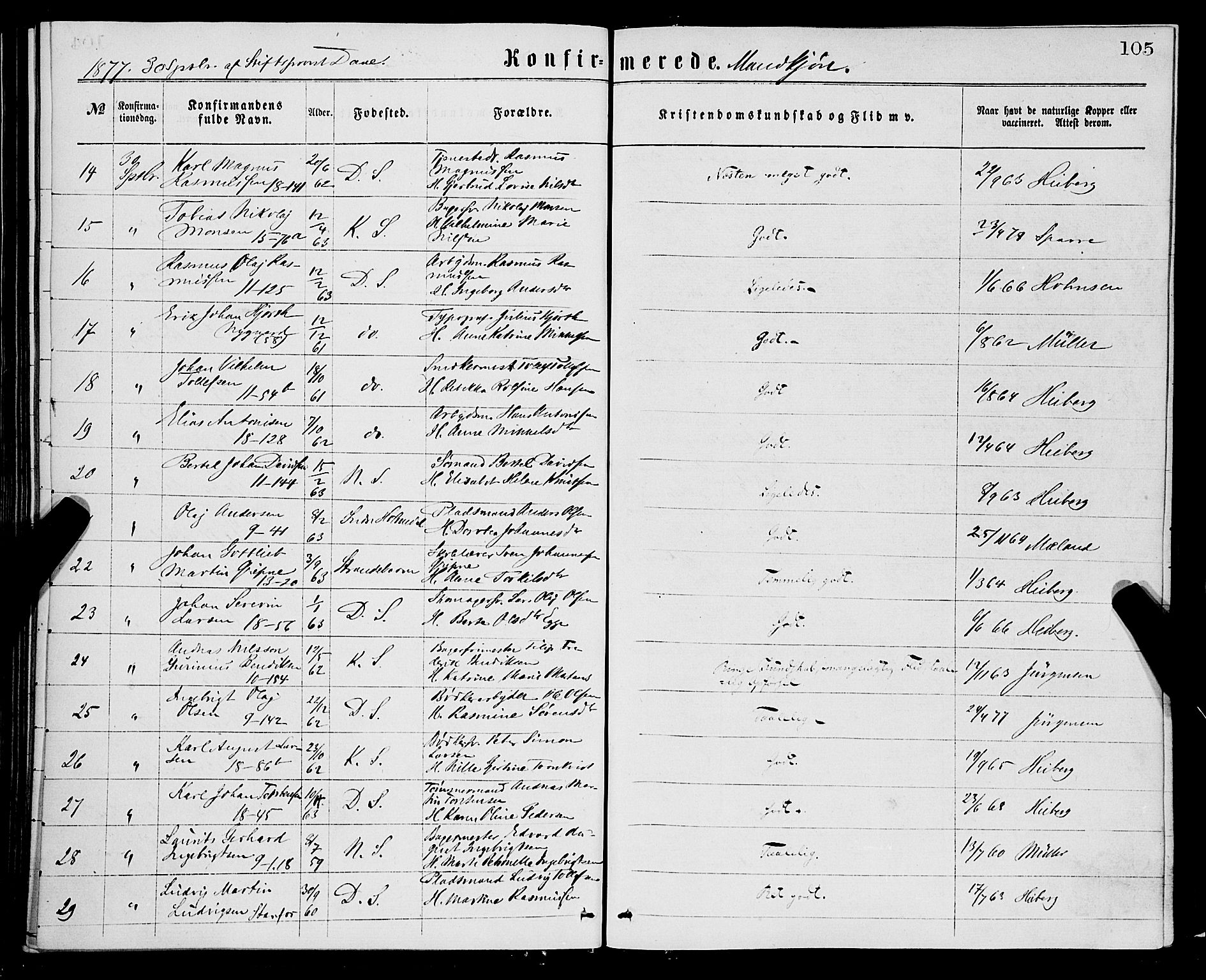 Domkirken sokneprestembete, SAB/A-74801/H/Haa/L0029: Parish register (official) no. C 4, 1864-1879, p. 105