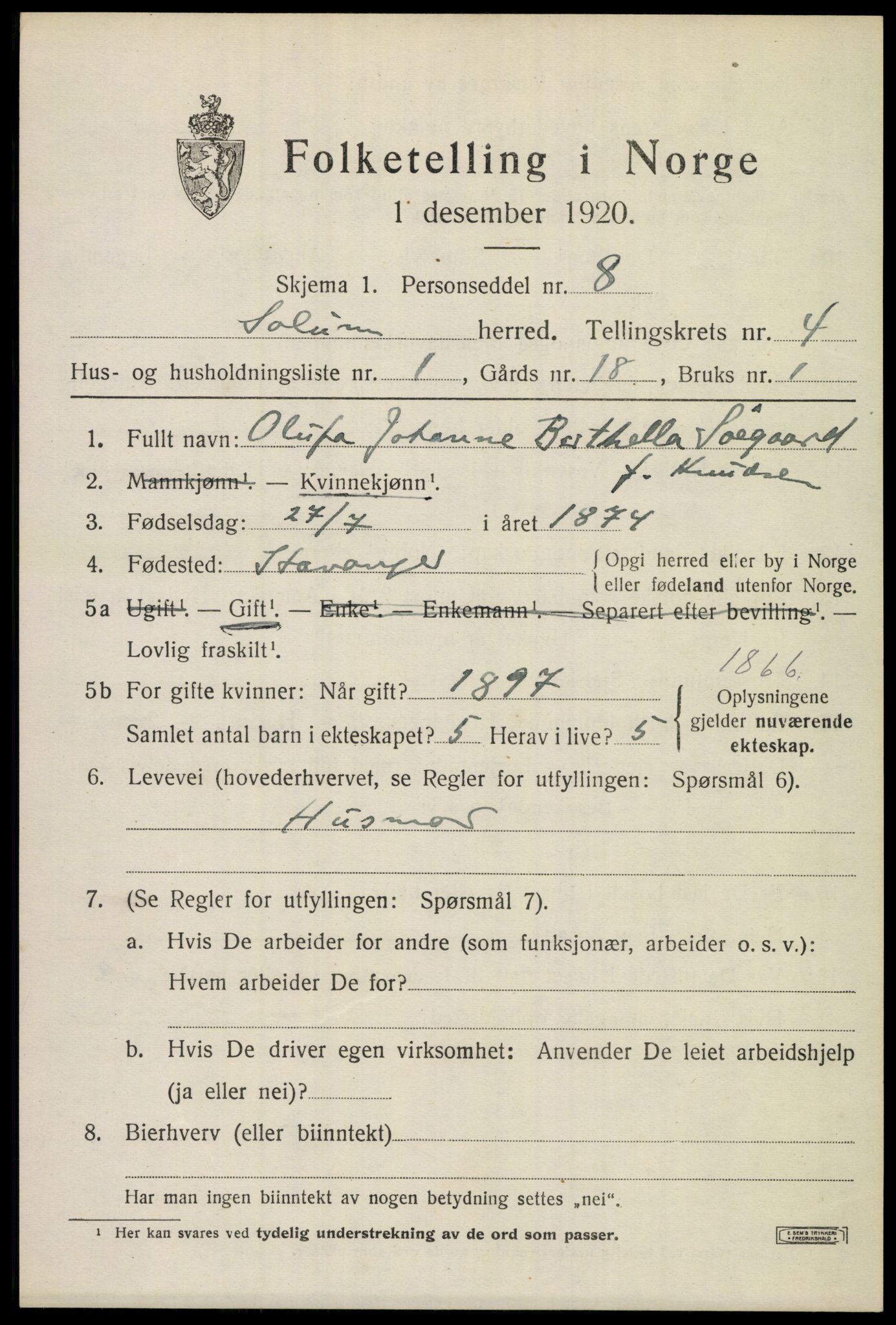 SAKO, 1920 census for Solum, 1920, p. 8188