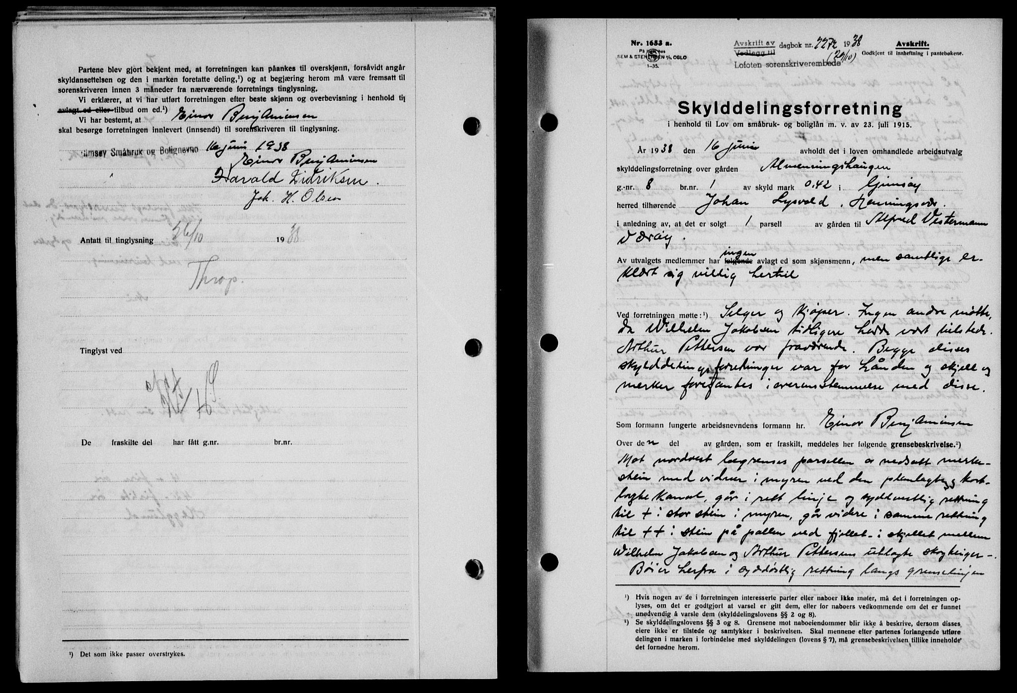 Lofoten sorenskriveri, SAT/A-0017/1/2/2C/L0004a: Mortgage book no. 4a, 1938-1938, Diary no: : 2272/1938