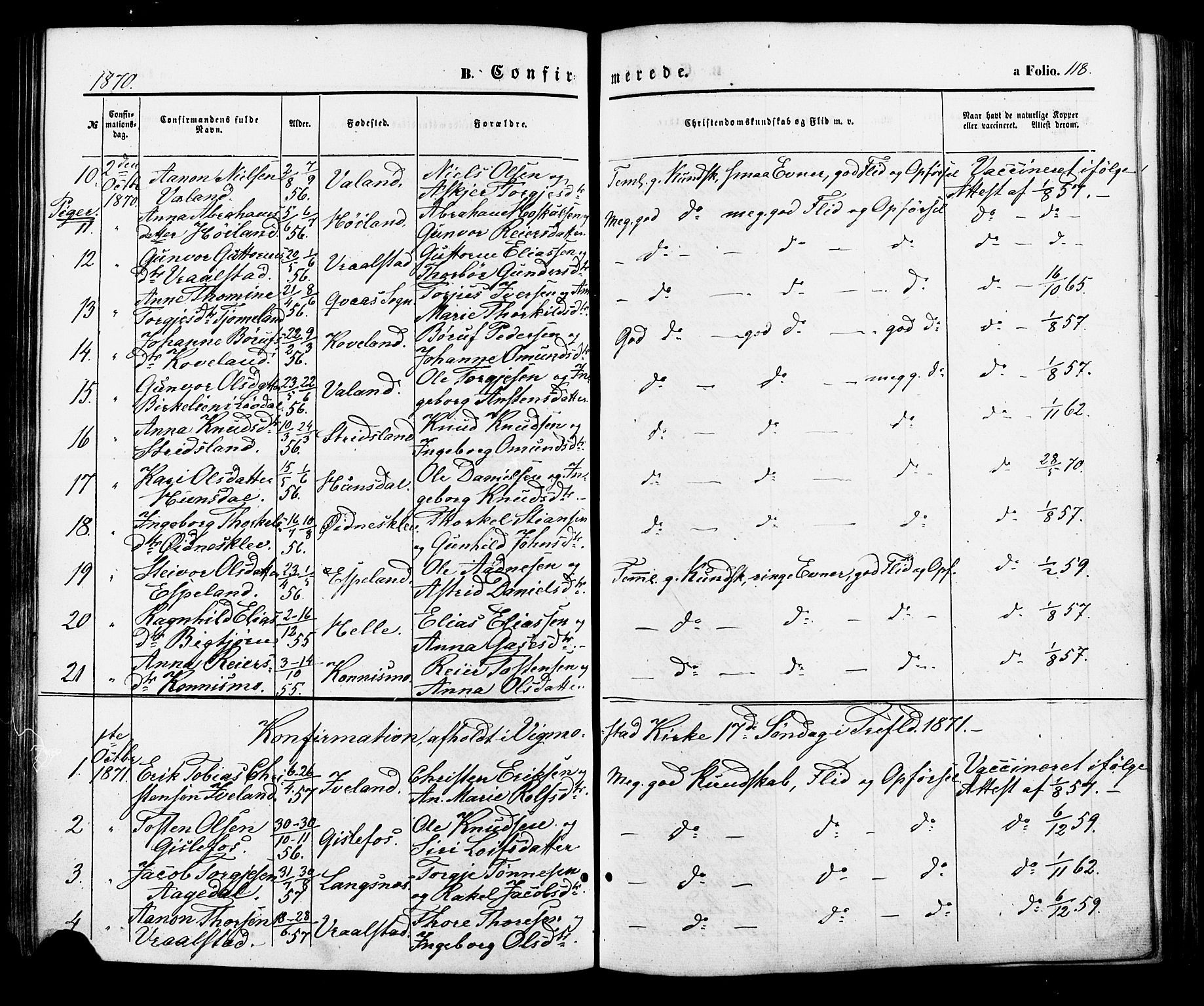 Nord-Audnedal sokneprestkontor, AV/SAK-1111-0032/F/Fa/Faa/L0002: Parish register (official) no. A 2, 1857-1882, p. 118