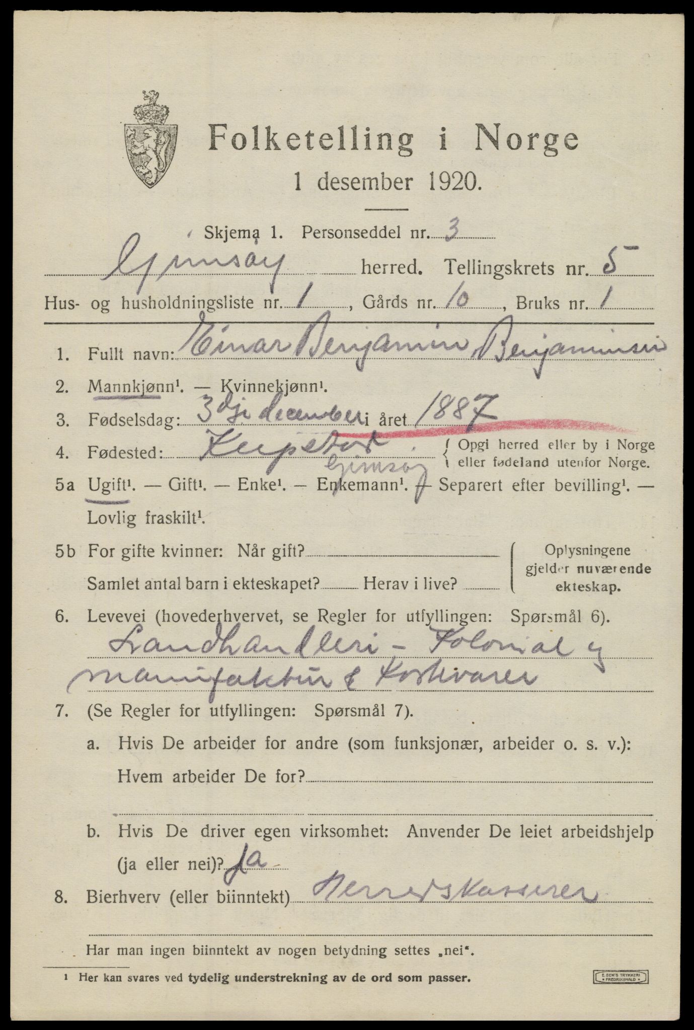 SAT, 1920 census for Gimsøy, 1920, p. 2527