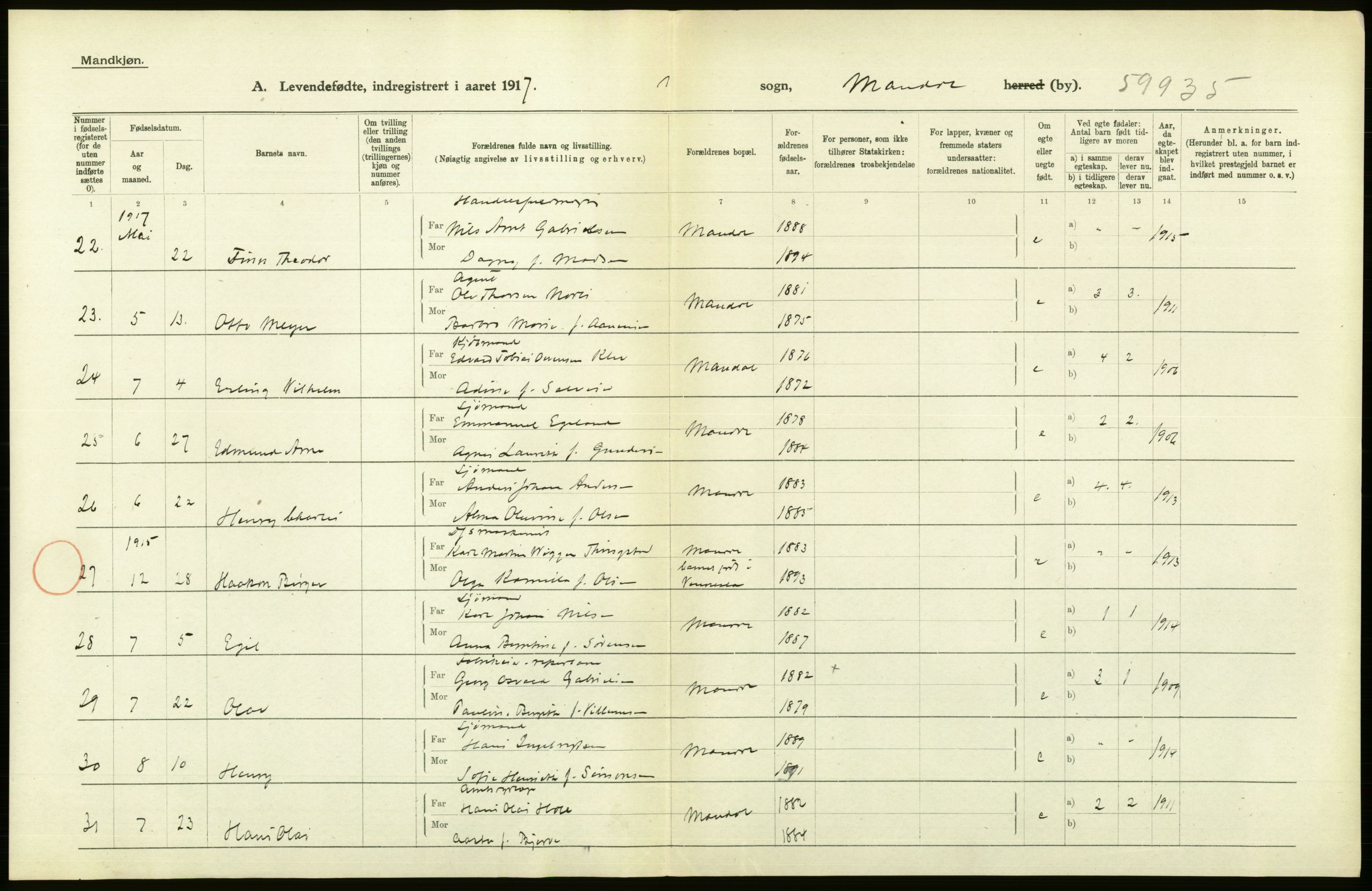 Statistisk sentralbyrå, Sosiodemografiske emner, Befolkning, AV/RA-S-2228/D/Df/Dfb/Dfbg/L0029: Lister og Mandals amt: Levendefødte menn og kvinner. Bygder og byer., 1917, p. 96