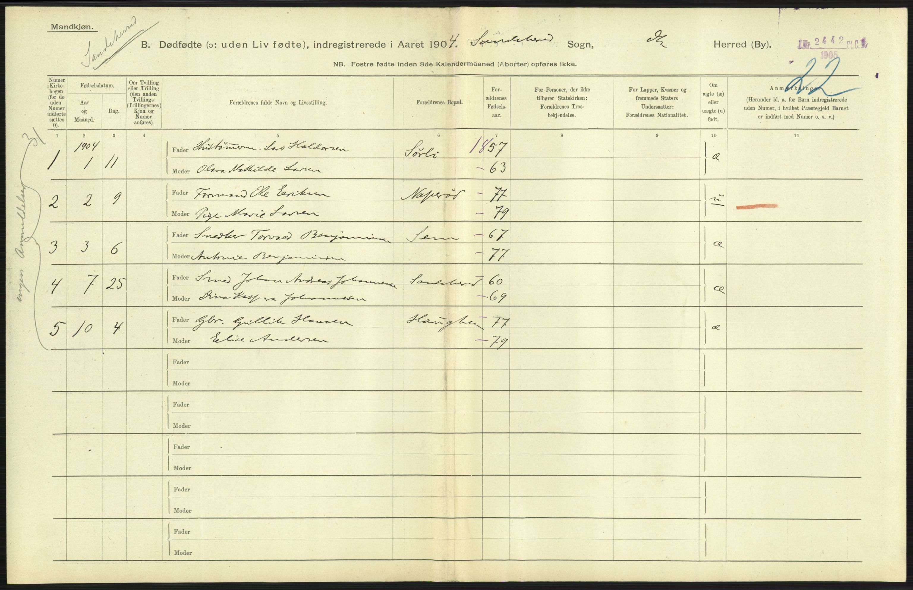 Statistisk sentralbyrå, Sosiodemografiske emner, Befolkning, AV/RA-S-2228/D/Df/Dfa/Dfab/L0025: Smålenenes amt - Stavanger amt: Dødfødte. Bygder., 1904, p. 337