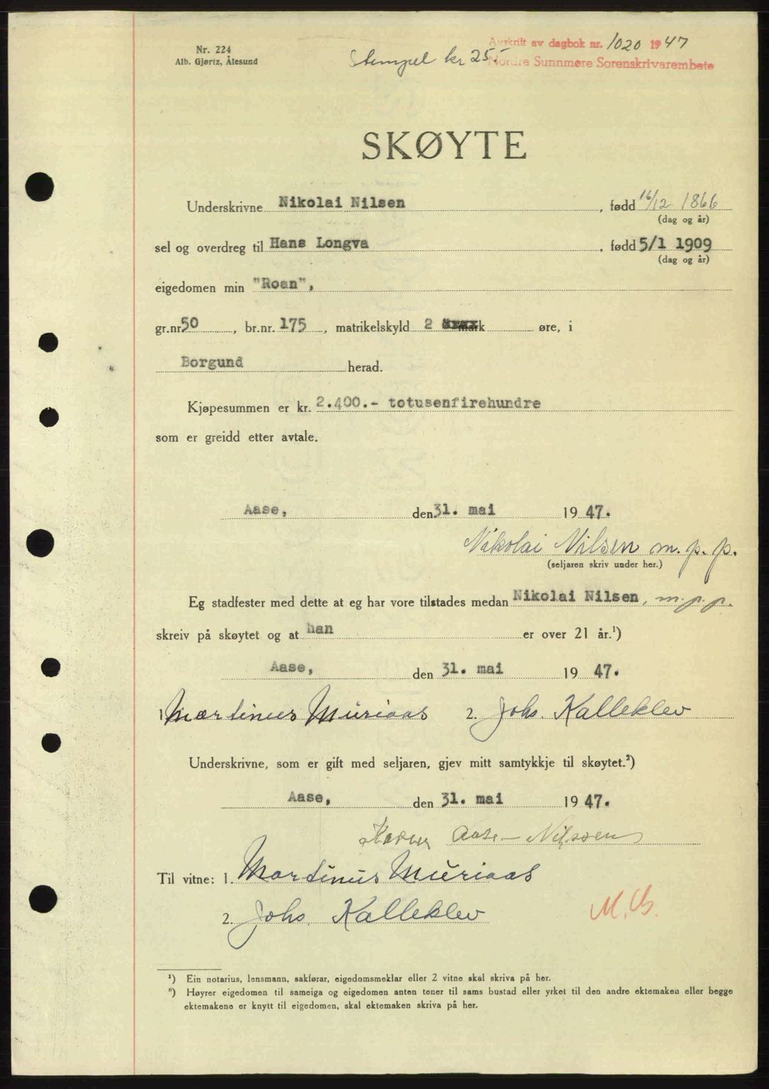 Nordre Sunnmøre sorenskriveri, AV/SAT-A-0006/1/2/2C/2Ca: Mortgage book no. A24, 1947-1947, Diary no: : 1020/1947