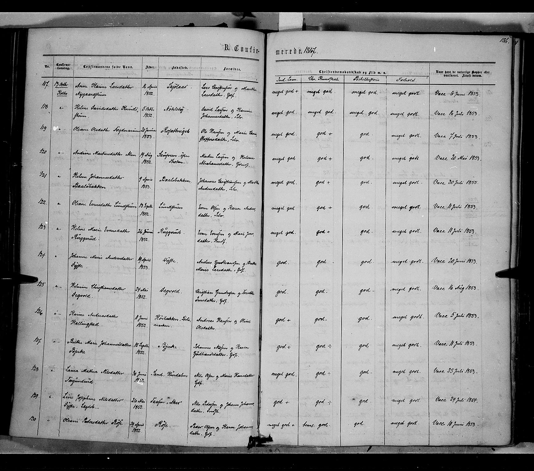 Vestre Toten prestekontor, SAH/PREST-108/H/Ha/Haa/L0007: Parish register (official) no. 7, 1862-1869, p. 186