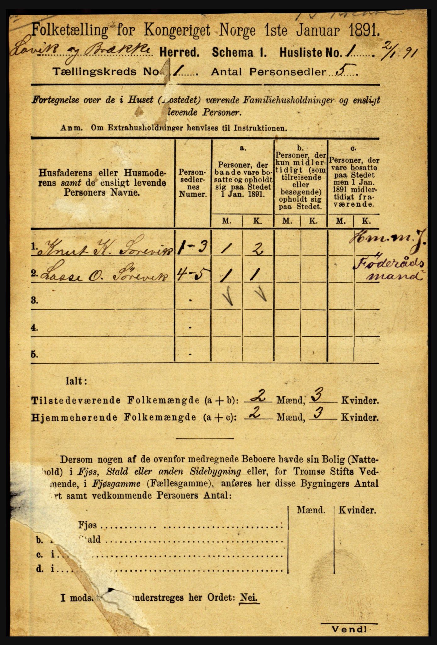 RA, 1891 census for 1415 Lavik og Brekke, 1891, p. 32